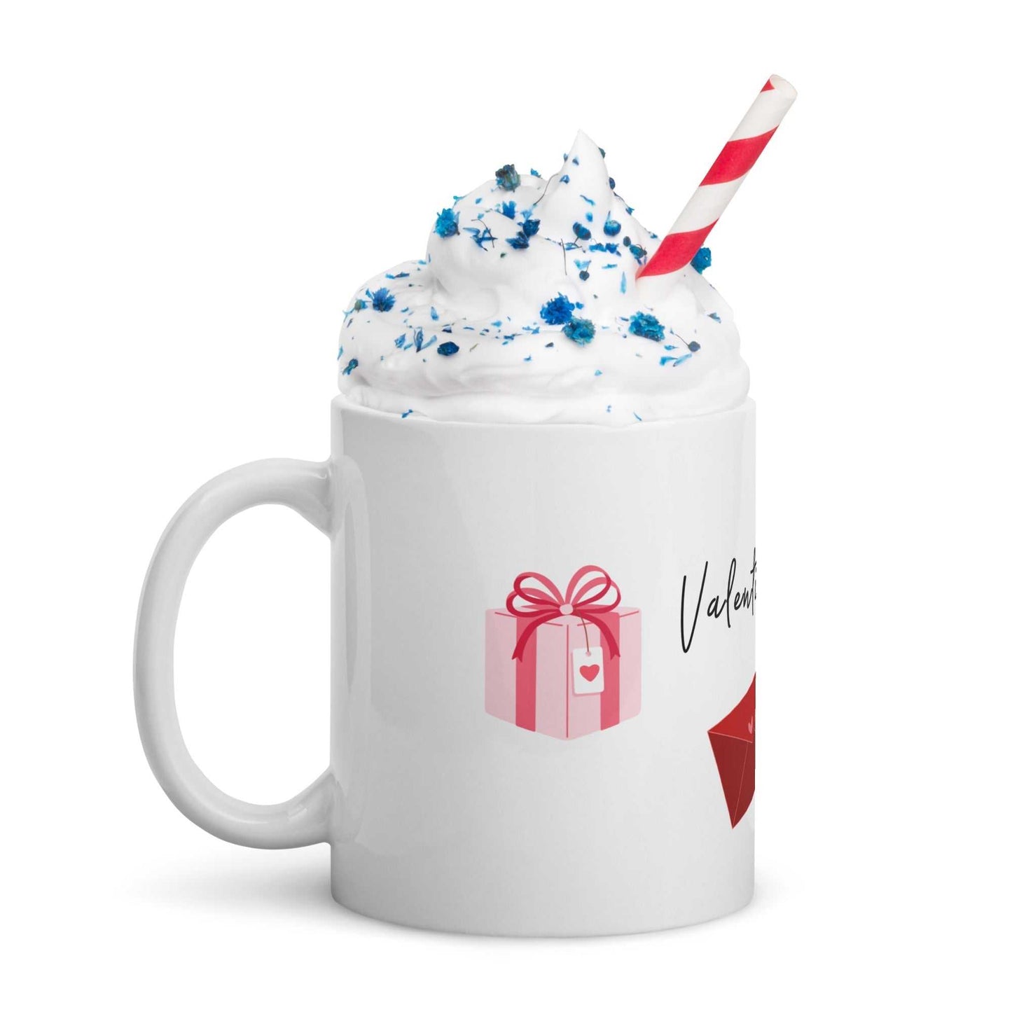 Valentine Mug - Ceramic Hearts Gift with pink present, filled with whipped cream and straw, ideal for festive drinks.
