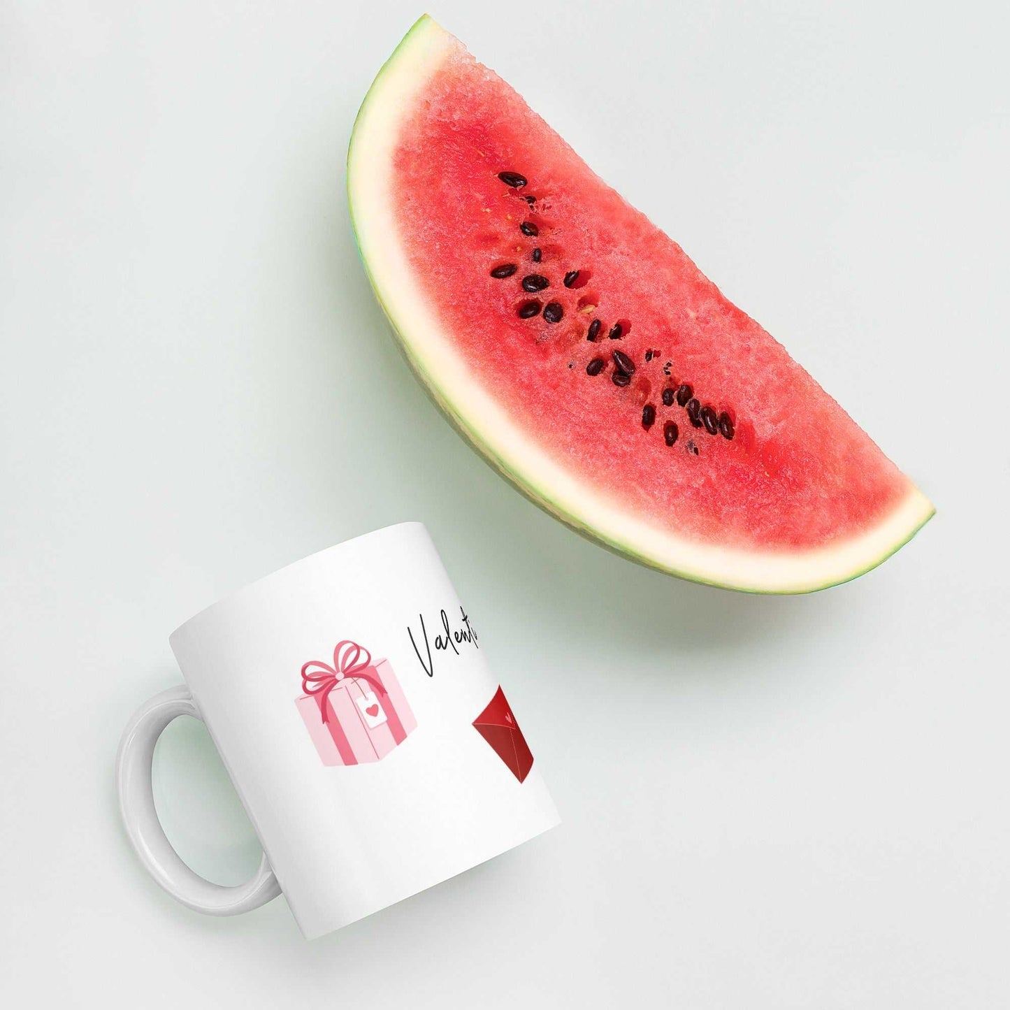 Valentine Mug - Ceramic Hearts Gift with pink gift box, styled next to a watermelon slice for a fresh summer look.