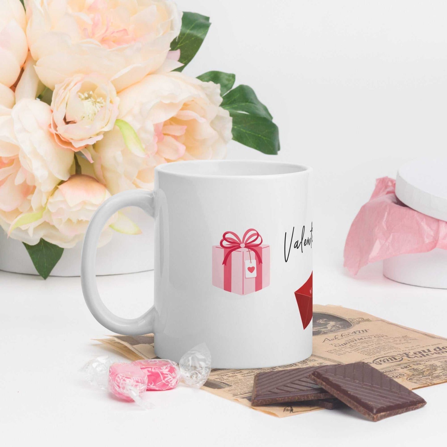 Valentine Mug - Ceramic Hearts Gift with pink present, styled with flowers, chocolate, and candy for a romantic gift setup.
