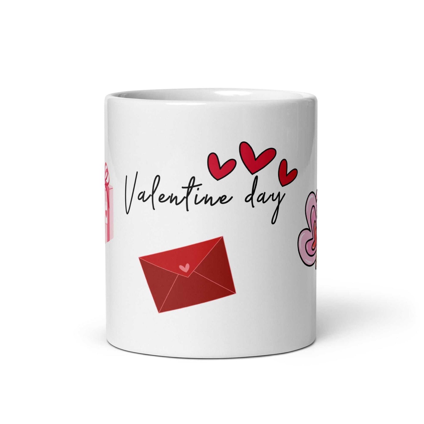 Valentine Mug - Ceramic Hearts Gift with red envelope, pink hearts, and 'Valentine day' text, ideal for romantic gifting.