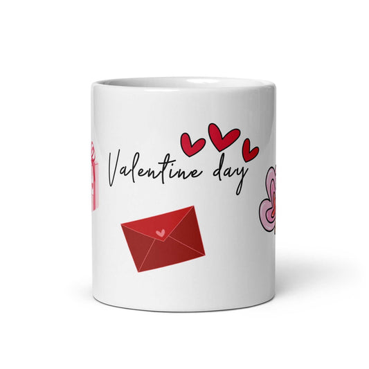 Valentine Mug - Ceramic Hearts Gift with red envelope, pink hearts, and 'Valentine day' text, ideal for romantic gifting.