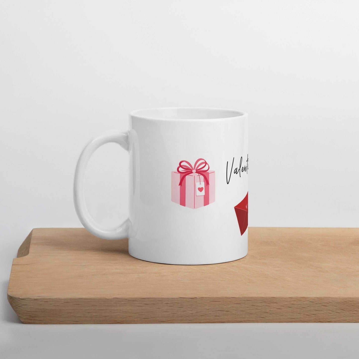 Valentine Mug - Ceramic Hearts Gift displayed on wooden tray, showcasing pink gift box and red envelope design.