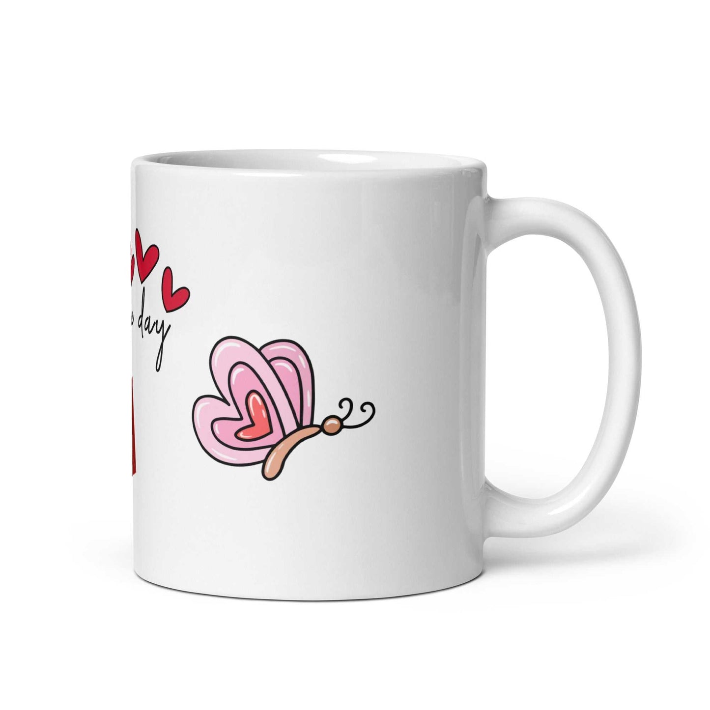 Valentine Mug - Ceramic Hearts Gift featuring a pink butterfly and heart design, perfect for Valentine's Day celebrations.