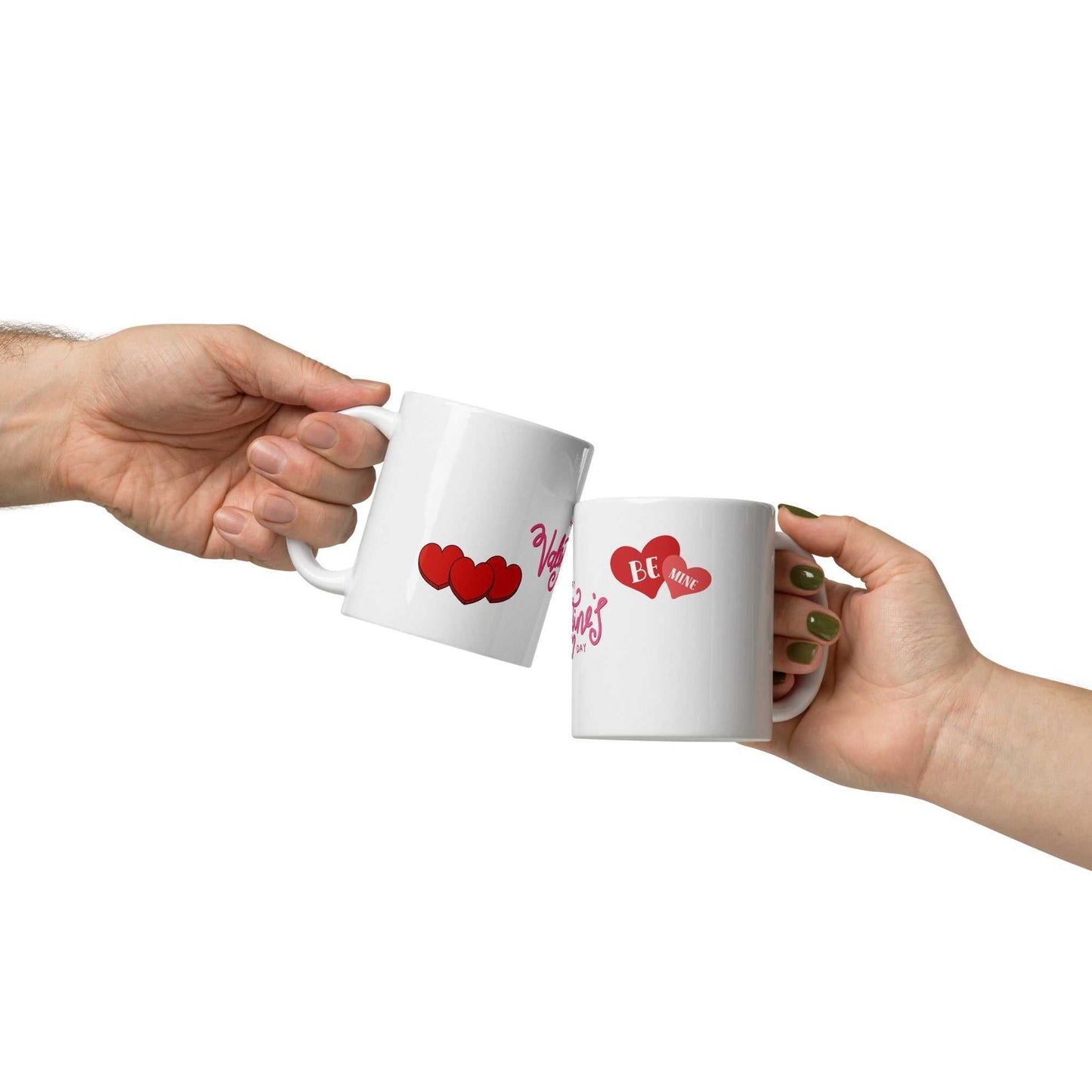 Valentine Mug - valentine mug | 11oz ceramic drinkware clinking in hands, featuring red hearts and 'Be Mine' design, ideal for couples.