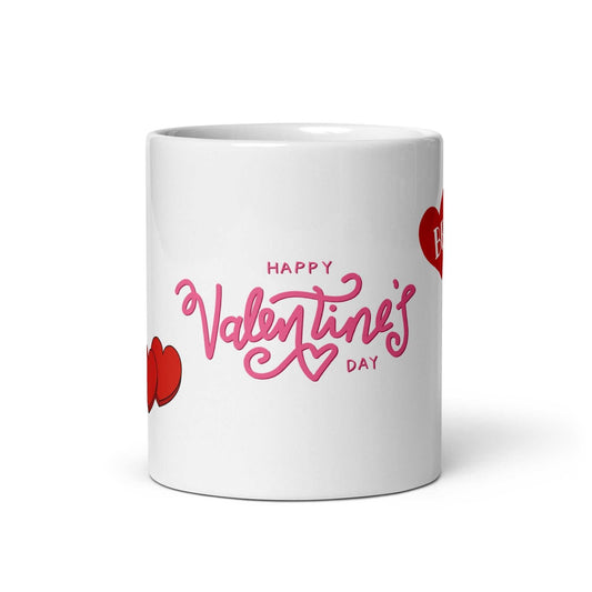 Valentine Mug - valentine mug | 11oz ceramic drinkware with pink Happy Valentine's Day text and red hearts, ideal for romantic gifts.