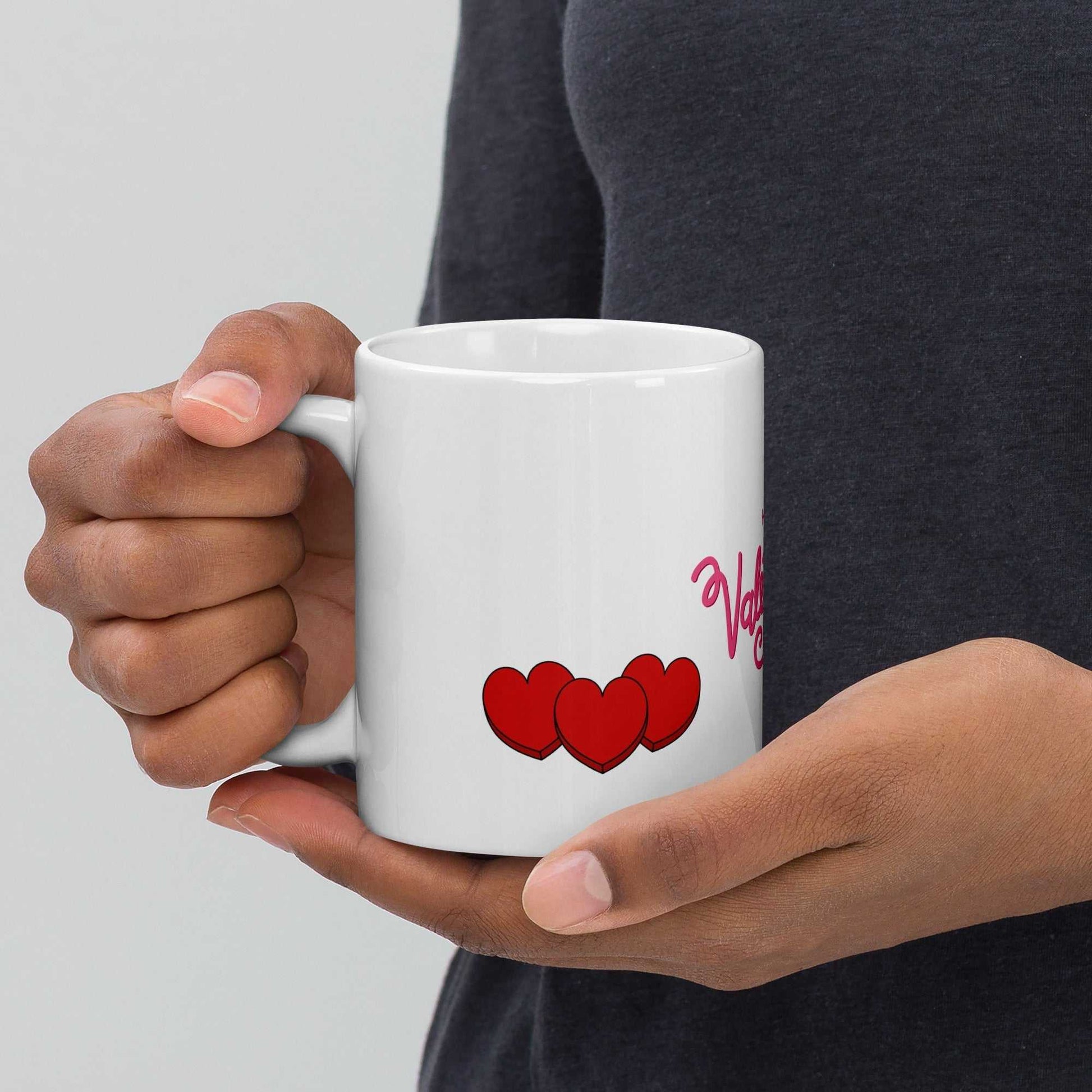 Valentine Mug - valentine mug | 11oz ceramic drinkware with triple red heart design, held in hand, ideal for Valentine's Day.