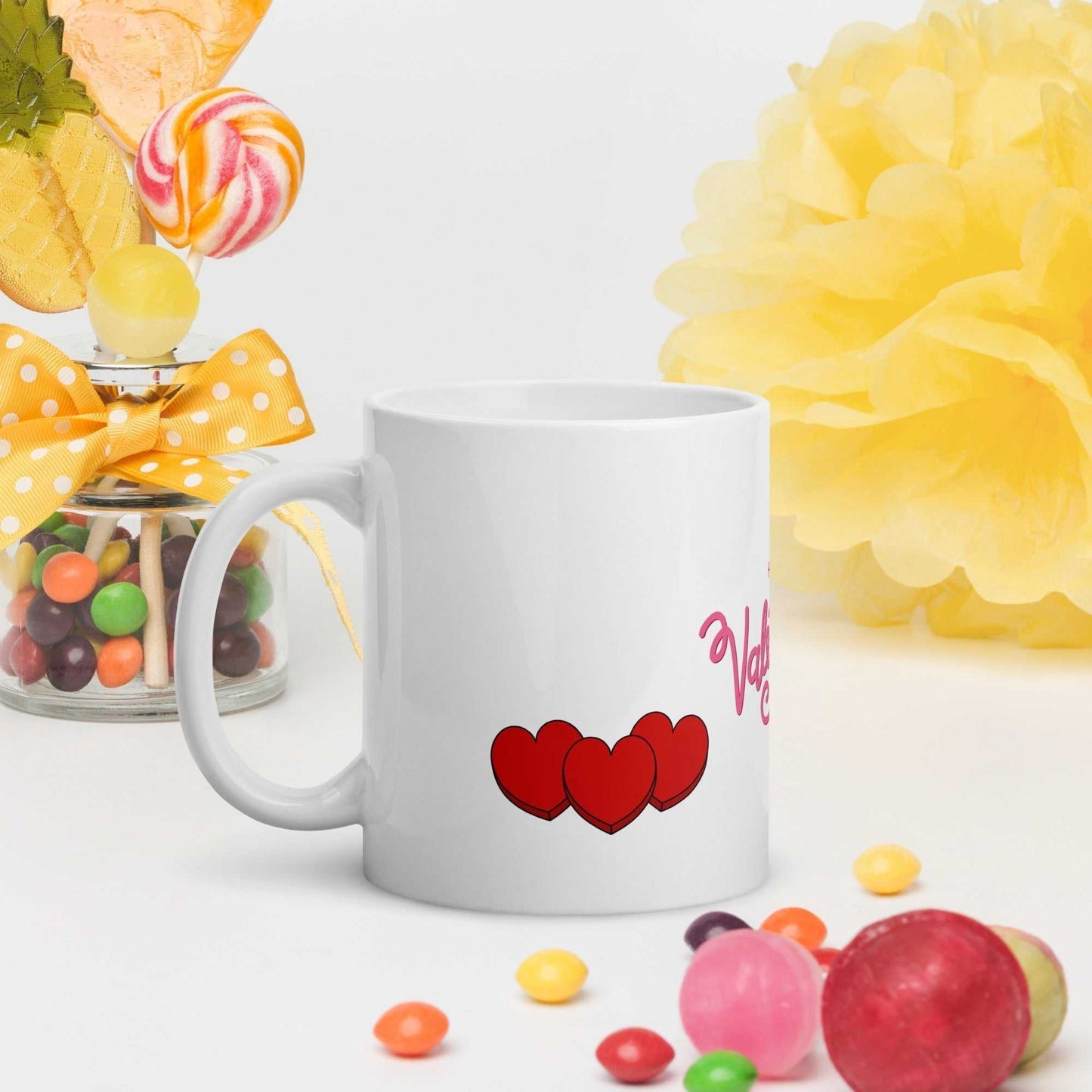 Valentine Mug - valentine mug | 11oz ceramic drinkware with red hearts, styled with candy and yellow decor, festive gift option.