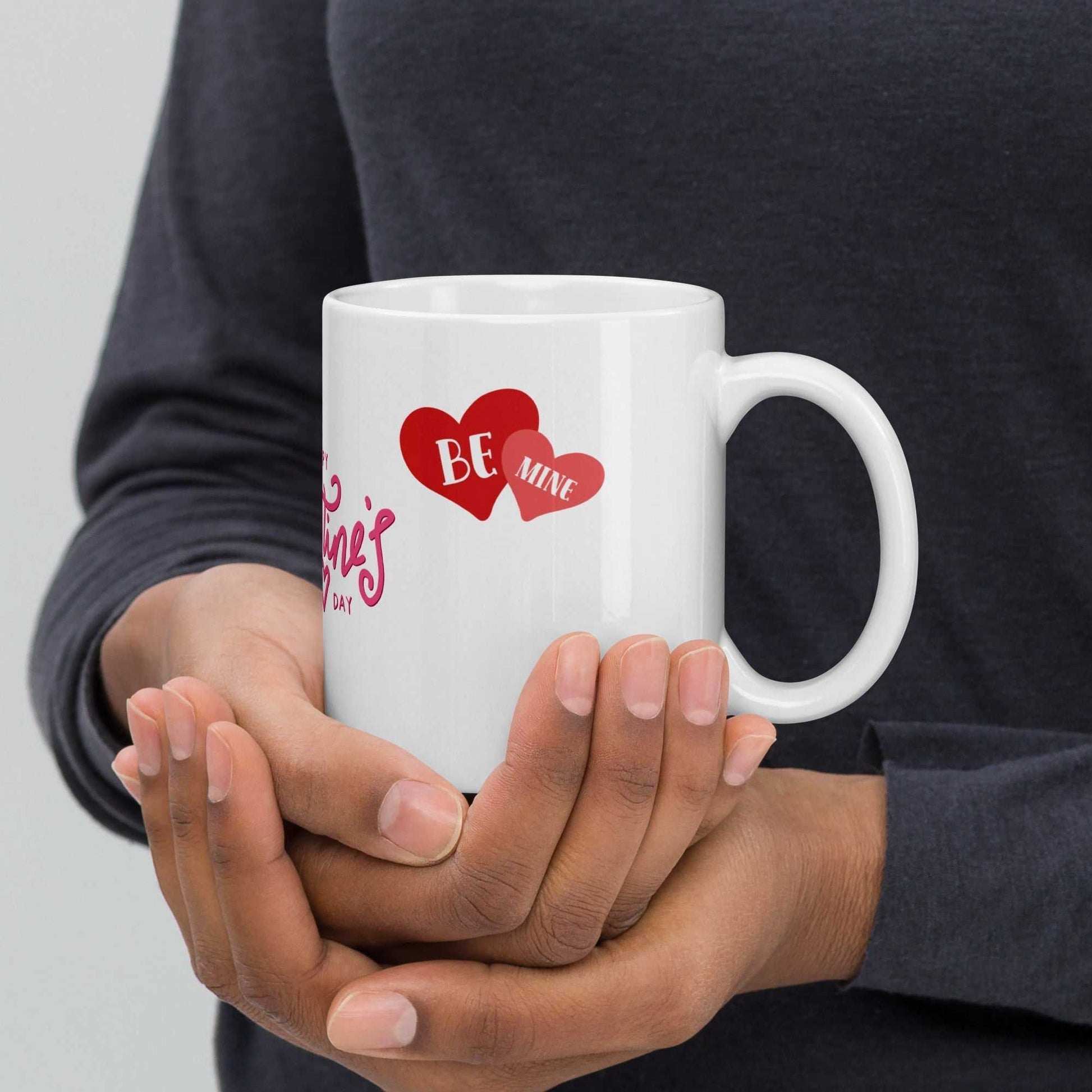 Valentine Mug - valentine mug | 11oz ceramic drinkware held in hands, showcasing red heart 'Be Mine' design for romantic occasions.