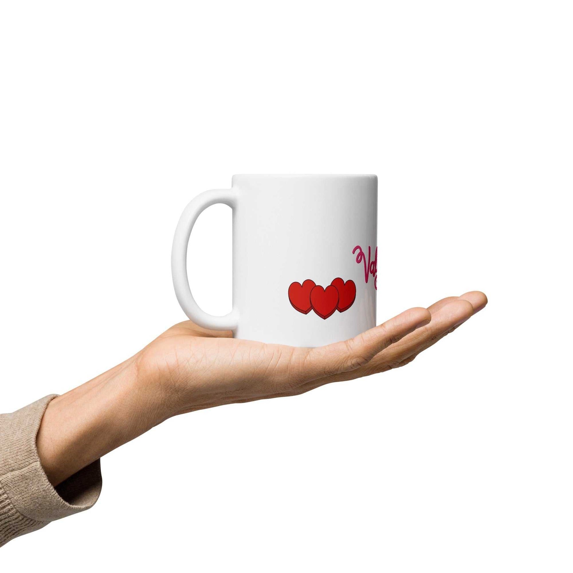 Valentine Mug - valentine mug | 11oz ceramic drinkware with triple red heart design, displayed on open palm, perfect for gifting.