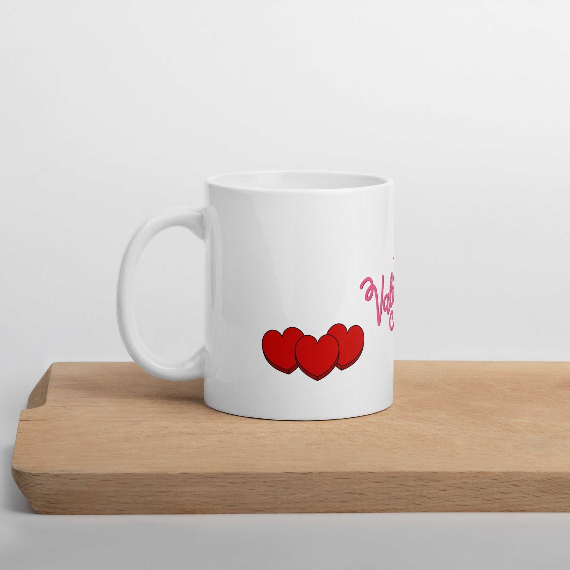 Valentine Mug - valentine mug | 11oz ceramic drinkware with red hearts, displayed on wooden board, ideal for kitchen decor or gifting.
