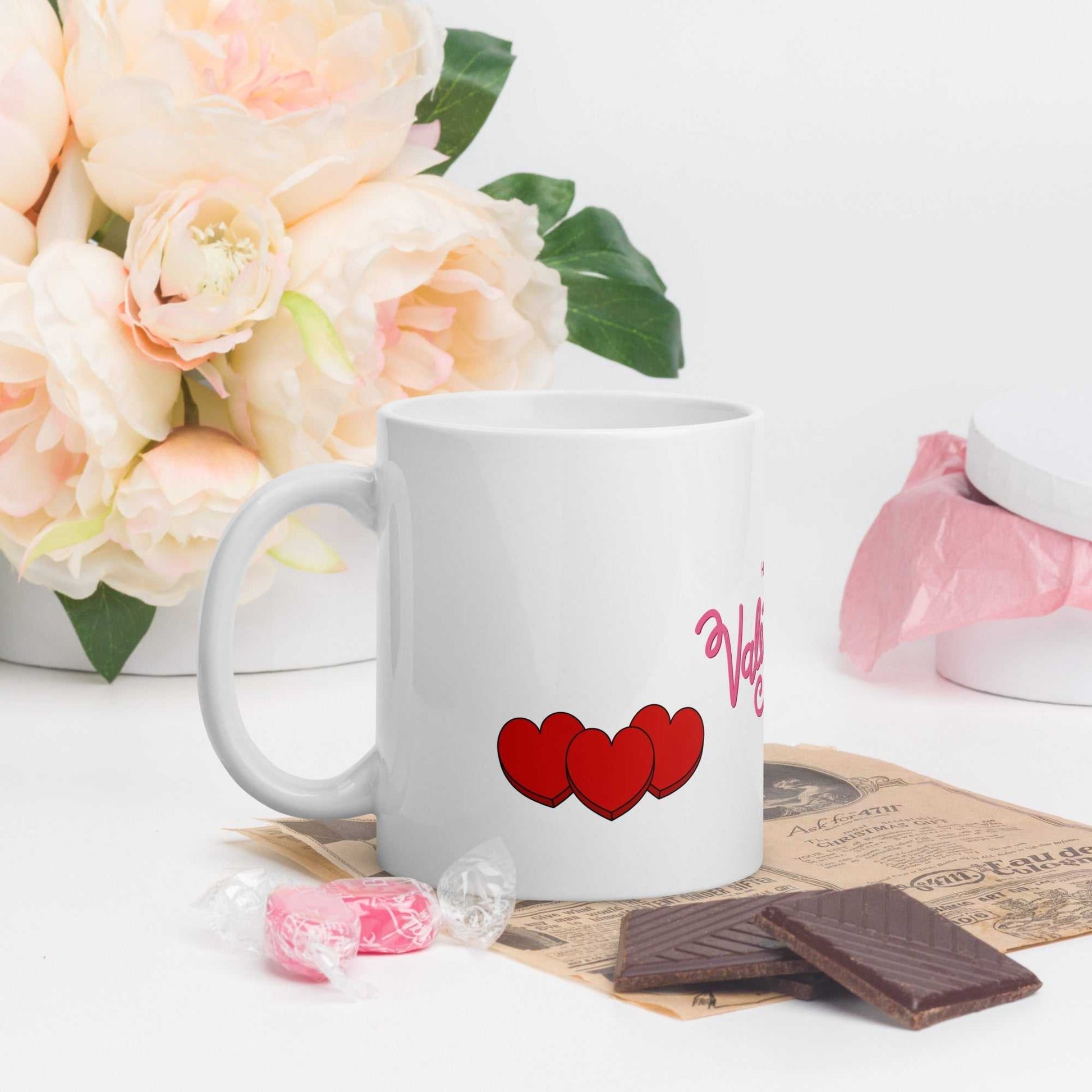 Valentine Mug - valentine mug | 11oz ceramic drinkware with red hearts, styled with flowers and chocolate, romantic gift setup.