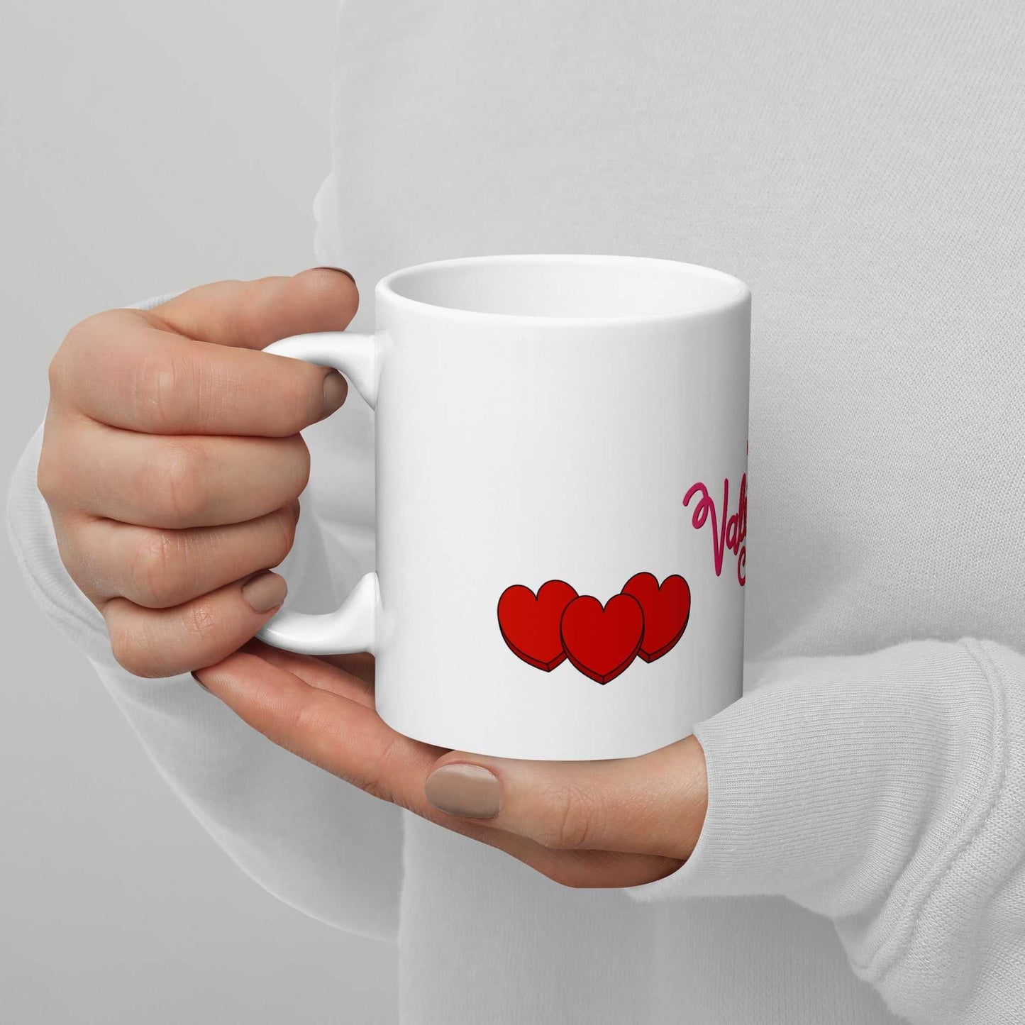 Valentine Mug - valentine mug | 11oz ceramic drinkware with red hearts, held by person in white sweater, perfect for gifting.