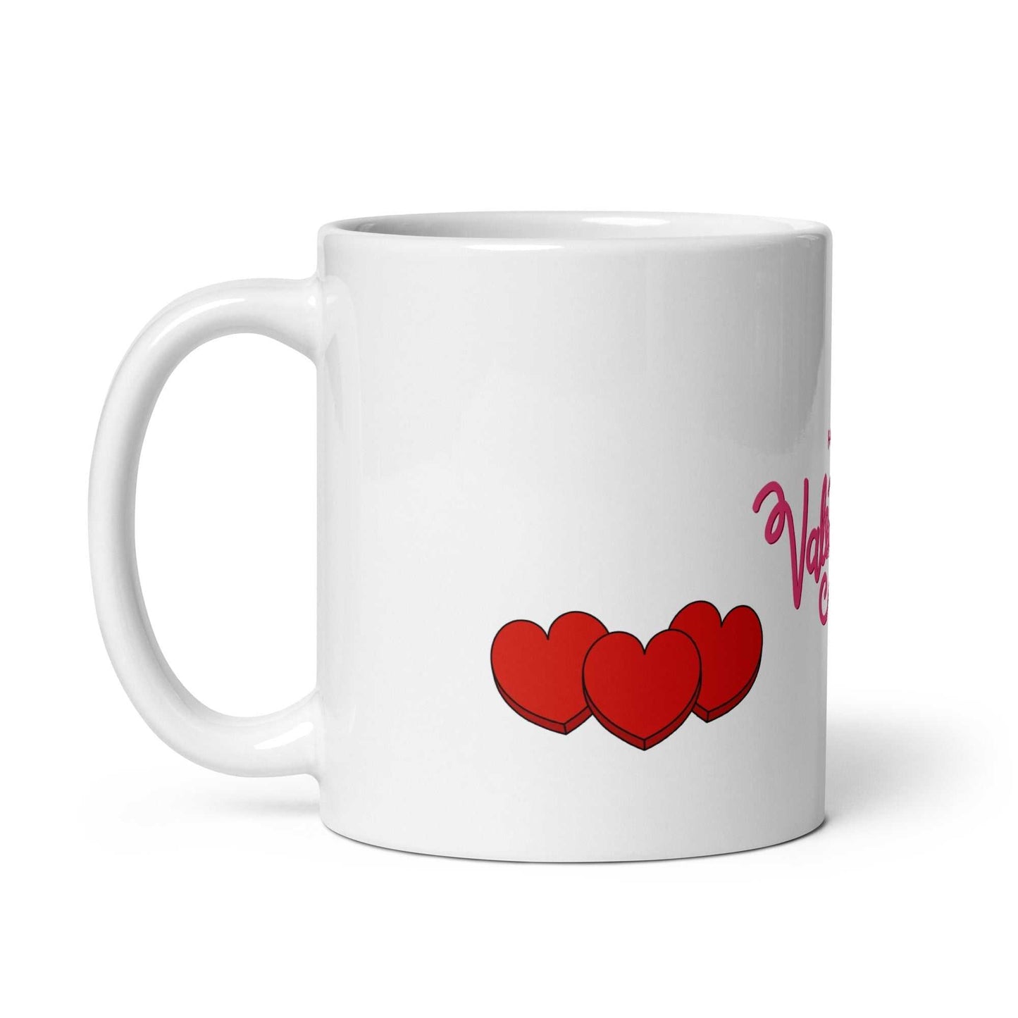 Valentine Mug - valentine mug | 11oz ceramic drinkware with three red hearts on white background, charming for romantic occasions.