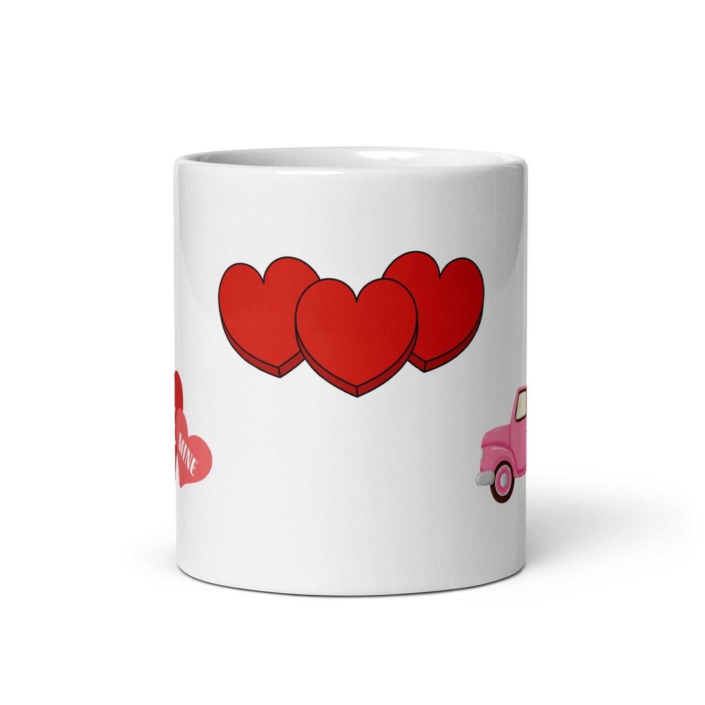 Valentine mug with three bold red hearts in a row, part of a sweet romantic design on white ceramic drinkware.