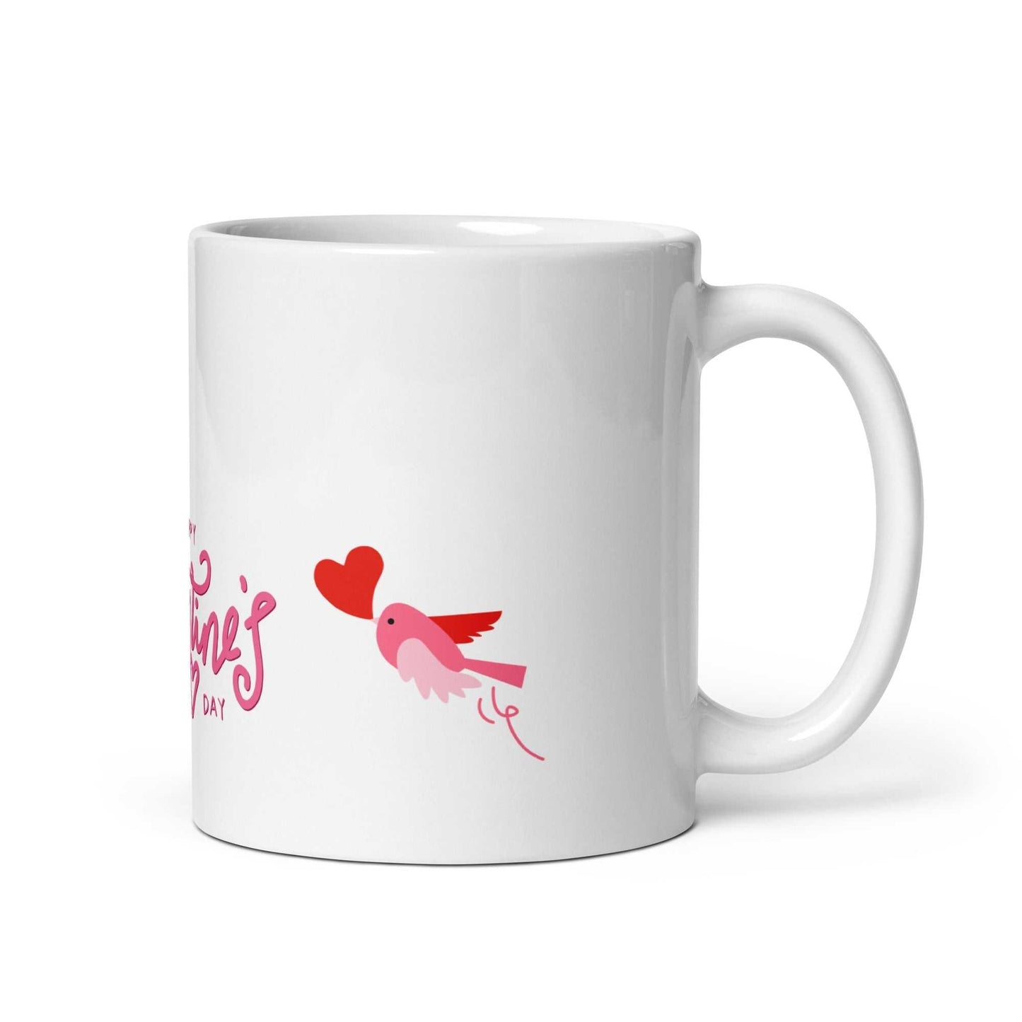 Valentine Mug Ceramic featuring a pink bird holding a heart, 11oz capacity, perfect for Valentine's Day gifts and hot beverages.