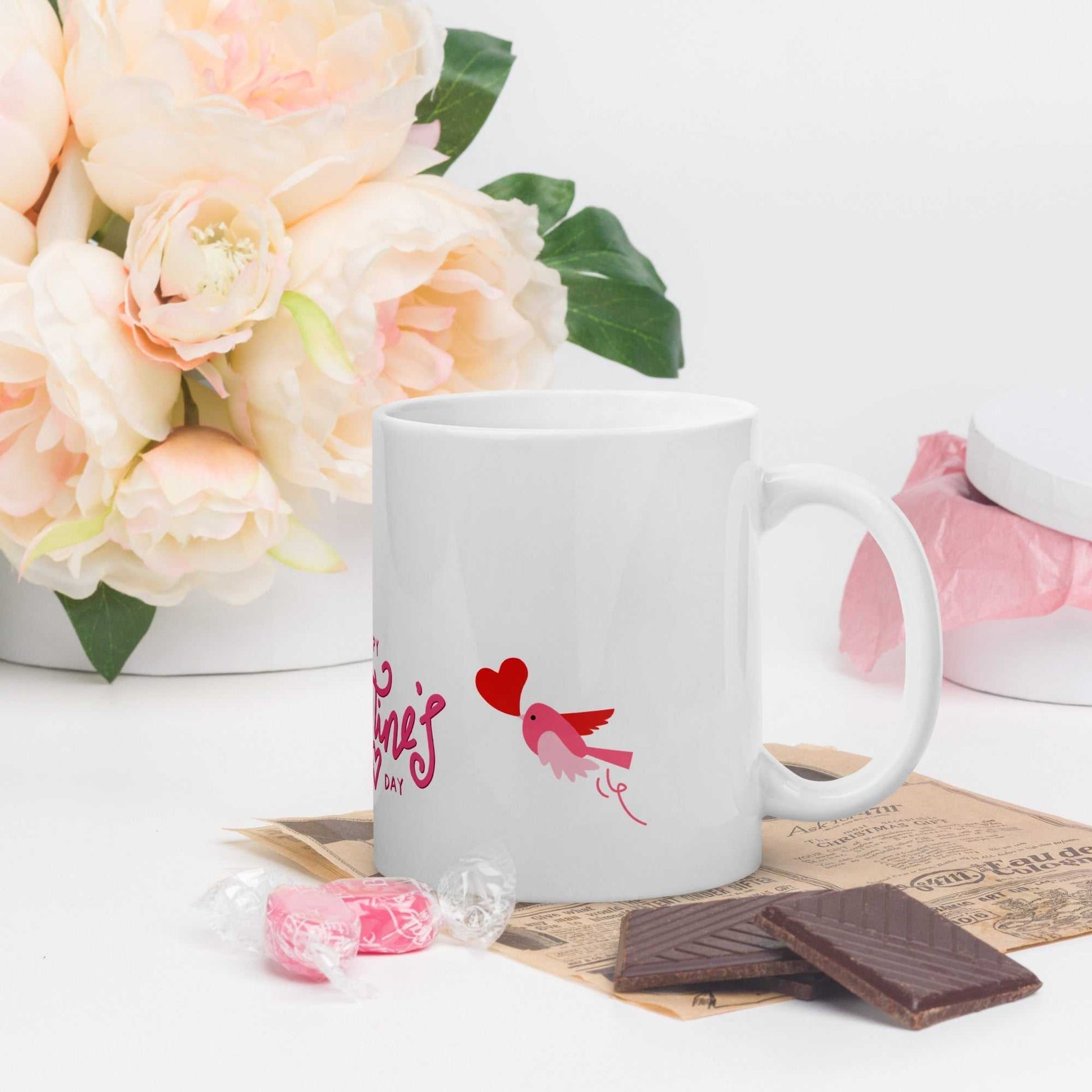 Valentine Mug Ceramic featuring a pink bird with heart, 11oz mug styled with flowers and sweets, ideal for romantic gifts.