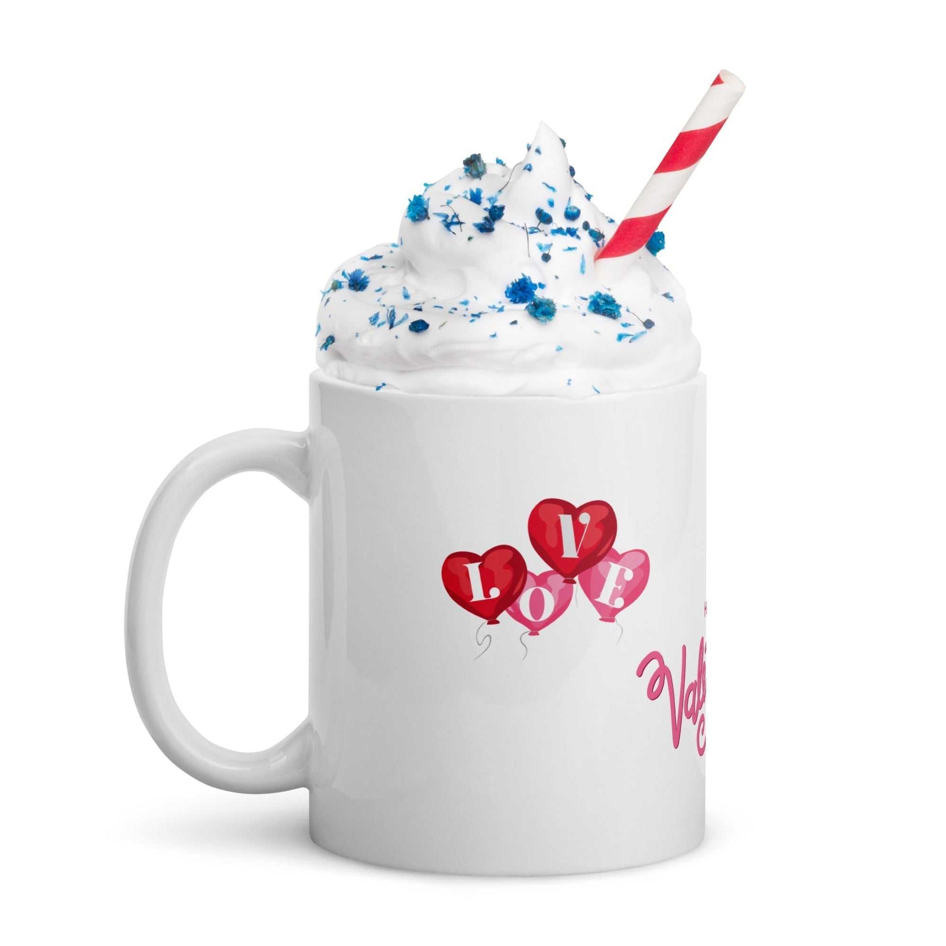 Valentine Mug Ceramic with heart balloons and whipped cream topping, 11oz mug perfect for festive drinks and Valentine's Day treats.