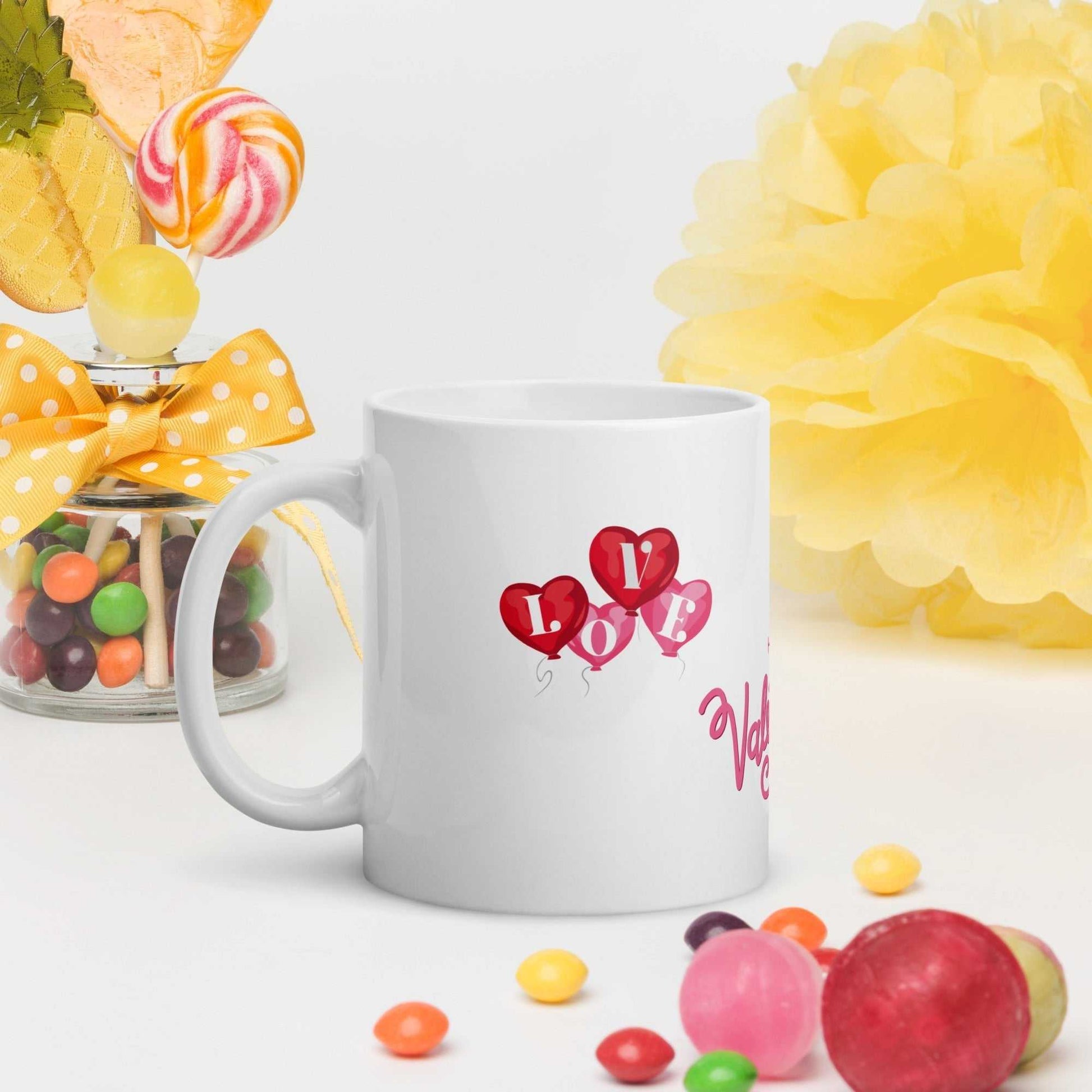 Valentine Mug Ceramic with heart balloon design, 11oz mug surrounded by colorful candies, perfect for Valentine's Day celebrations.