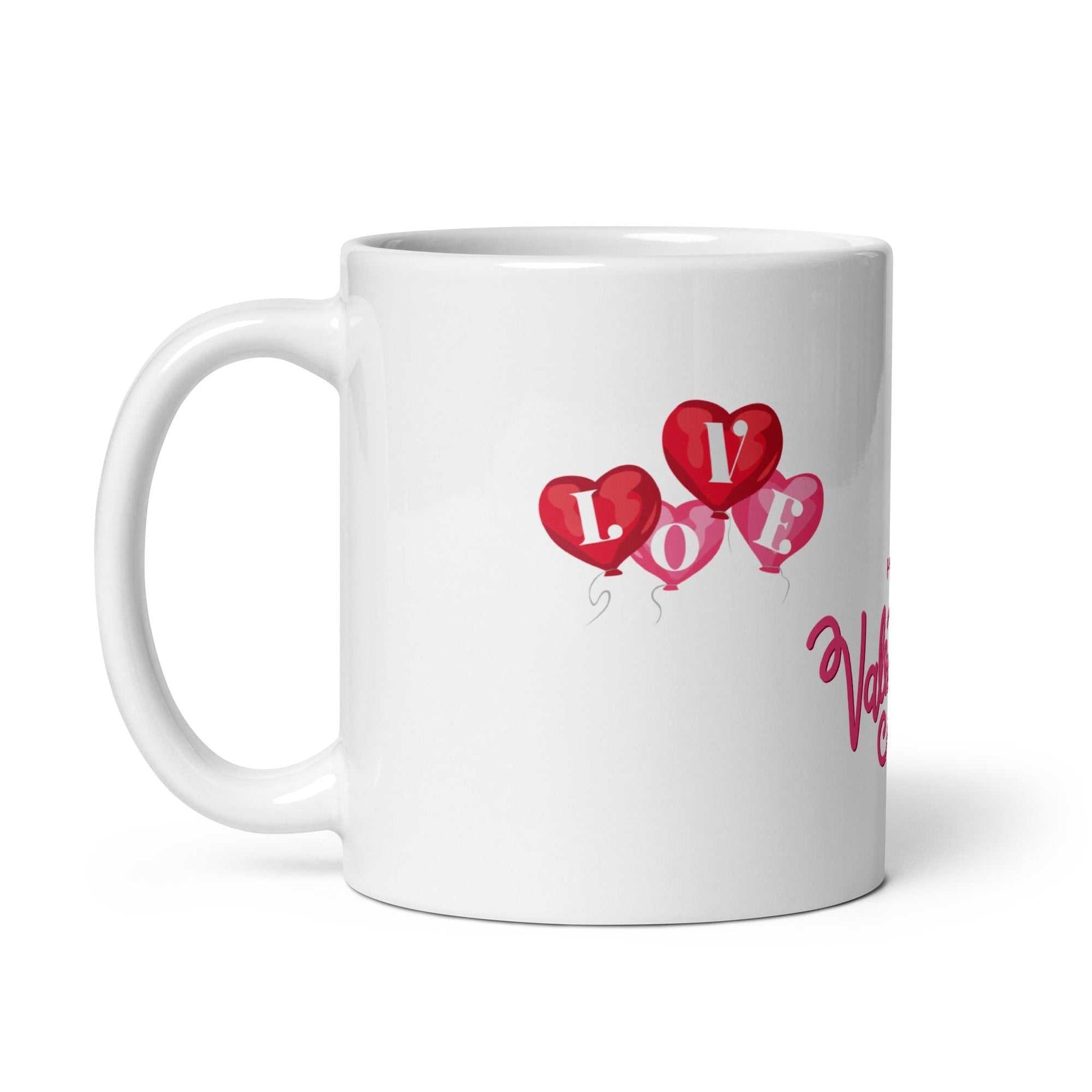 Valentine Mug Ceramic with red and pink heart balloons spelling 'LOVE', 11oz dishwasher-safe drinkware for romantic occasions.