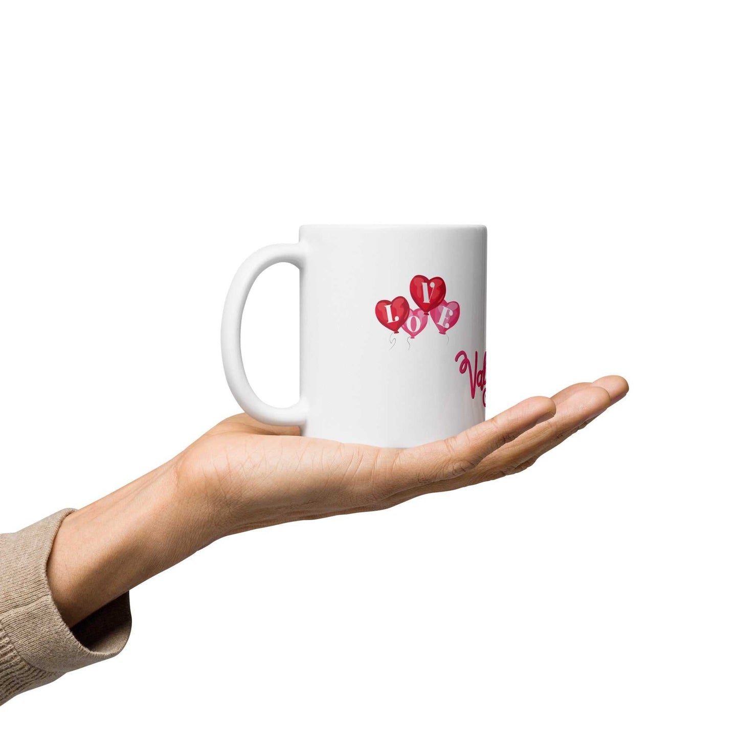 Hand holding Valentine Mug Ceramic with red heart balloon design, 11oz capacity, ideal for Valentine's Day gifting.