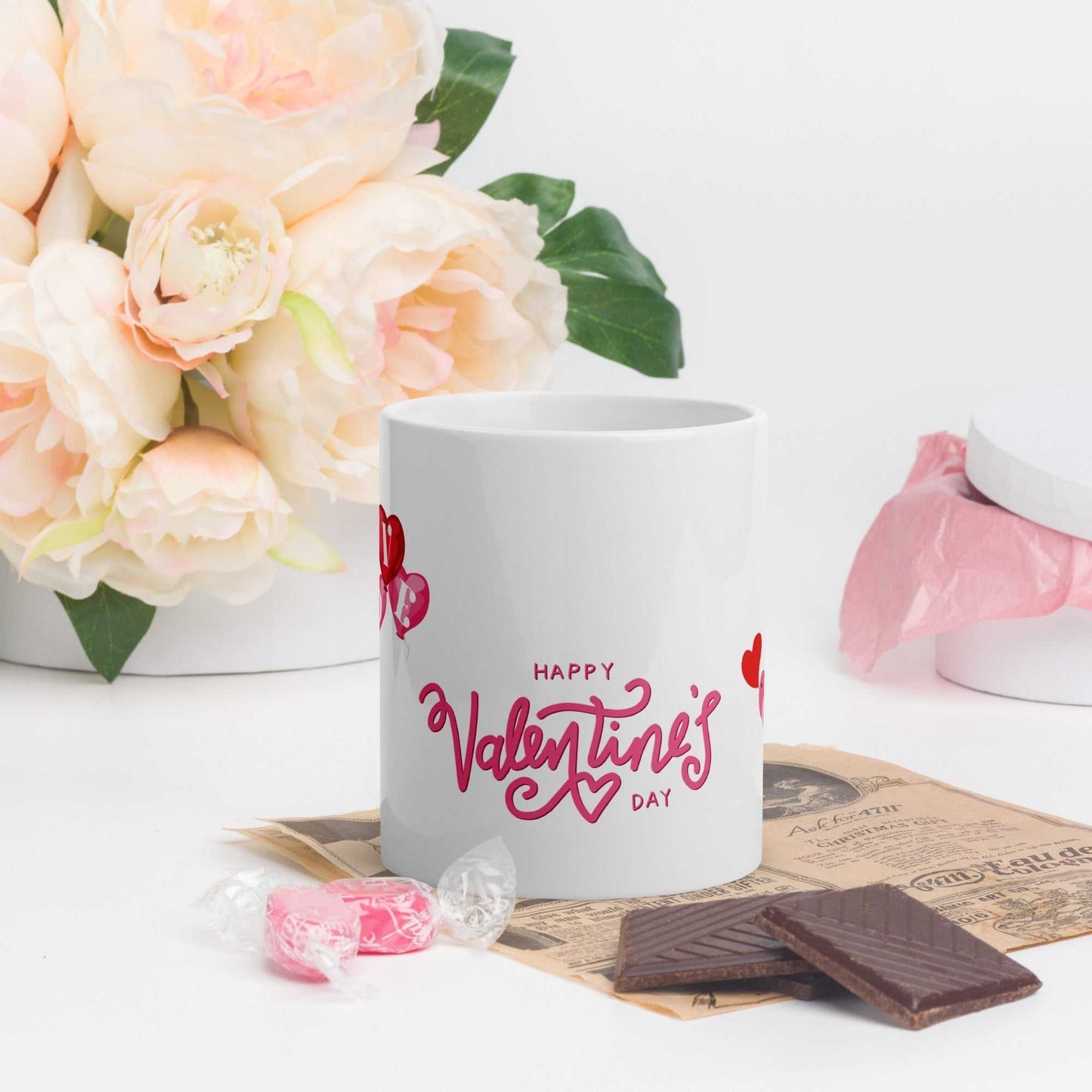 Valentine Mug Ceramic with 'Happy Valentine's Day' text and heart balloons, 11oz capacity, ideal for romantic gifts and daily use.
