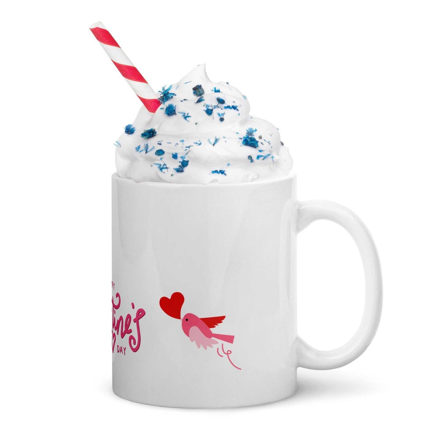 Valentine Mug Ceramic with pink bird and whipped cream topping, 11oz mug ideal for romantic hot beverages and gifting.