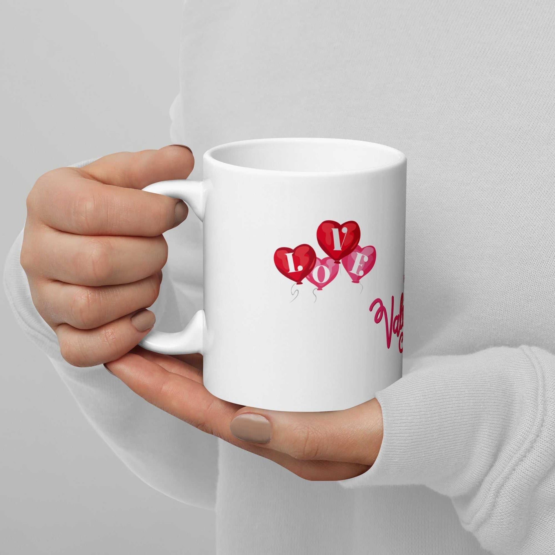 Valentine Mug Ceramic with red heart balloons spelling 'LOVE' and 'Happy Valentine' text, 11oz, dishwasher safe gift mug.