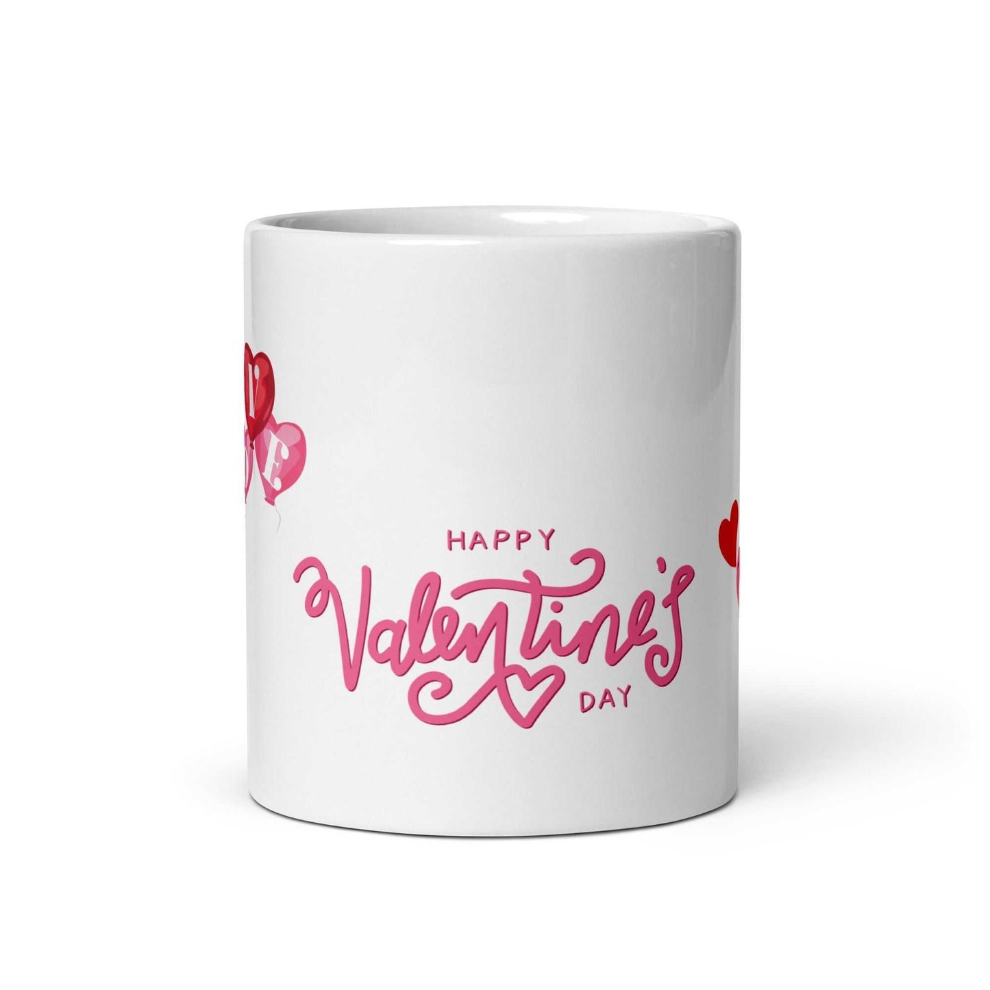 Valentine Mug Ceramic with 'Happy Valentine's Day' script in pink, 11oz capacity, ideal for gifting and everyday coffee moments.