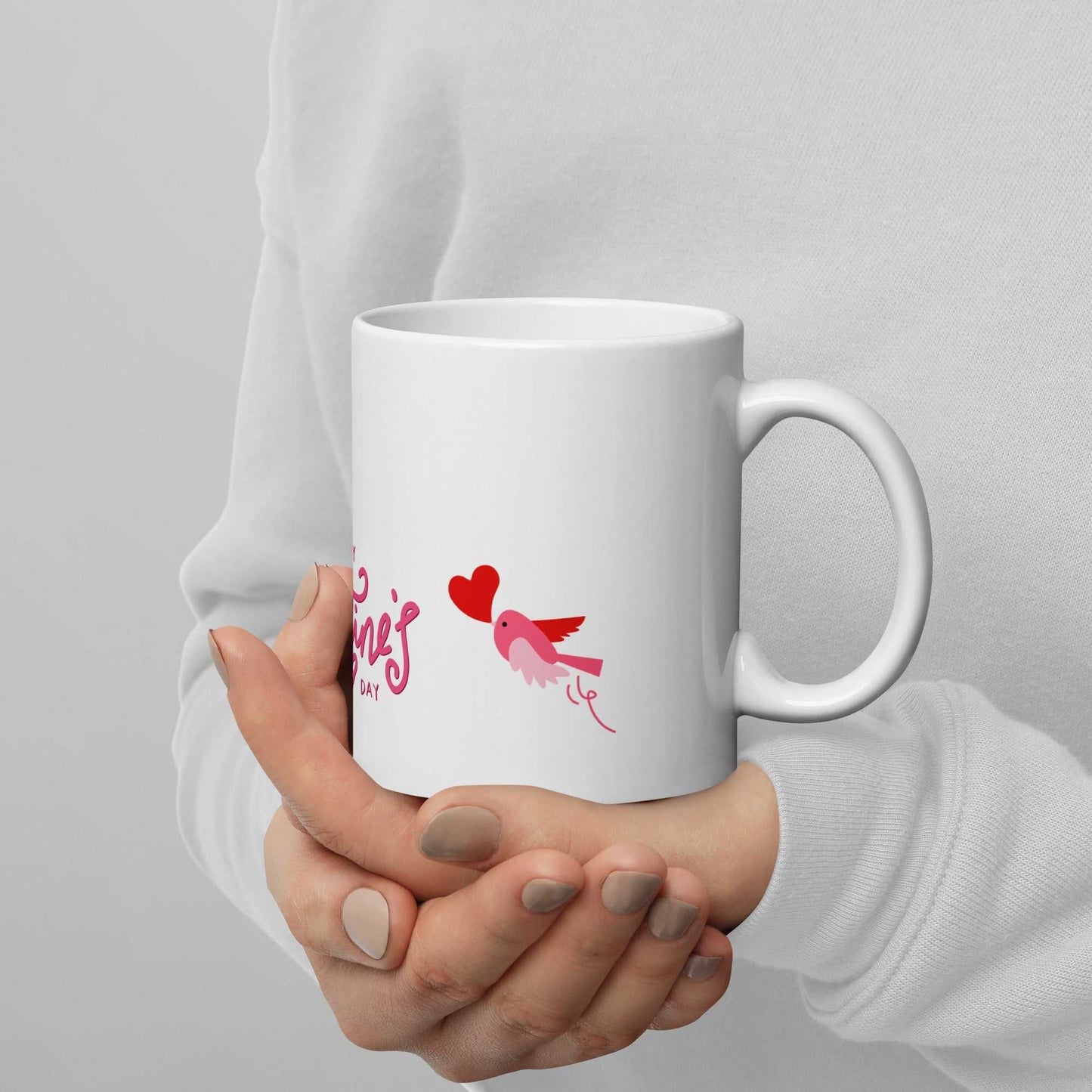 Valentine Mug Ceramic featuring a pink bird holding a red heart, ideal for Valentine's Day gifts, 11oz, dishwasher safe.