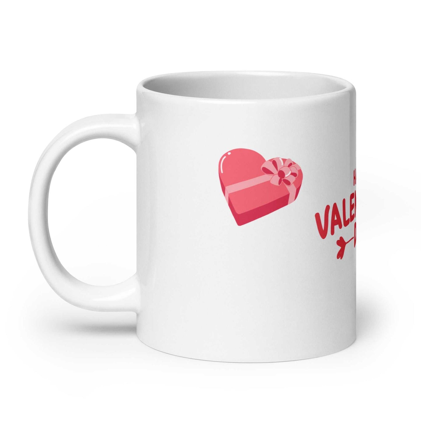 Valentine mug with heart-shaped gift box and festive design. Dishwasher safe ceramic drinkware.