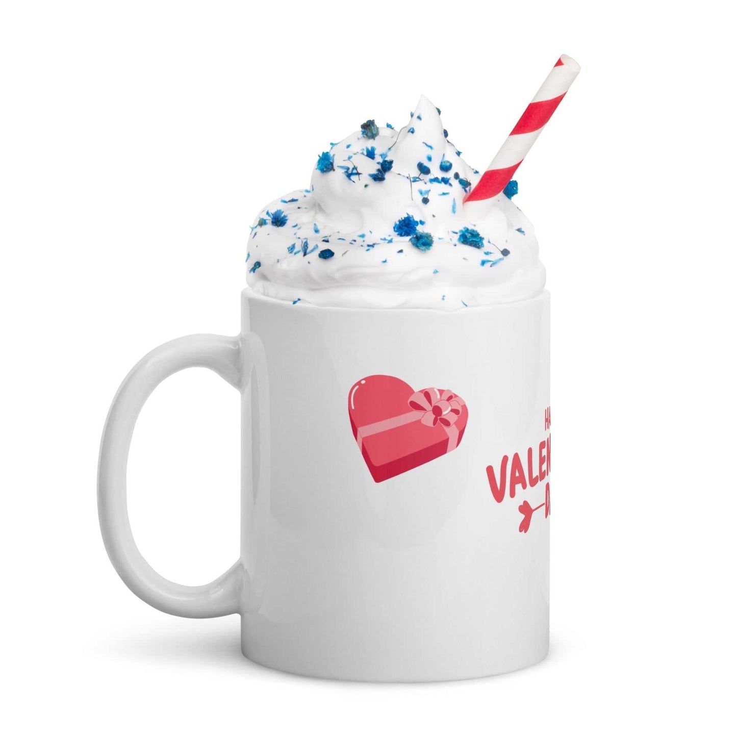 Valentine mug with heart and gift box design filled with whipped cream. Ceramic mug ideal for festive drinks and romantic gifting.