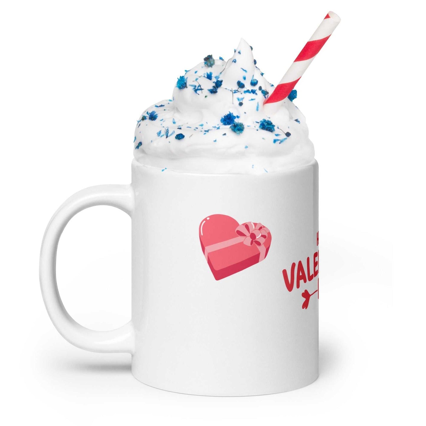 Heart and gift box design on valentine mug with whipped cream topping. Dishwasher safe ceramic mug for romantic occasions.