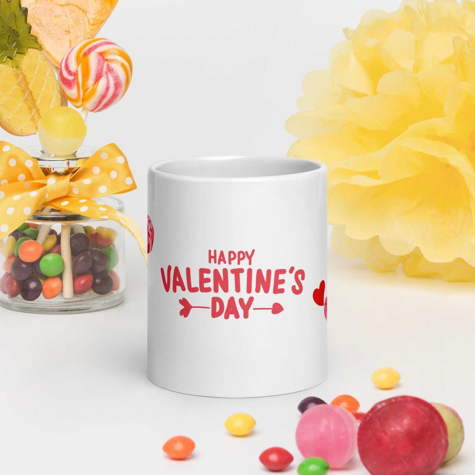 Happy Valentine's Day message on ceramic mug with red heart accents. Great valentine mug gift for home or office use.