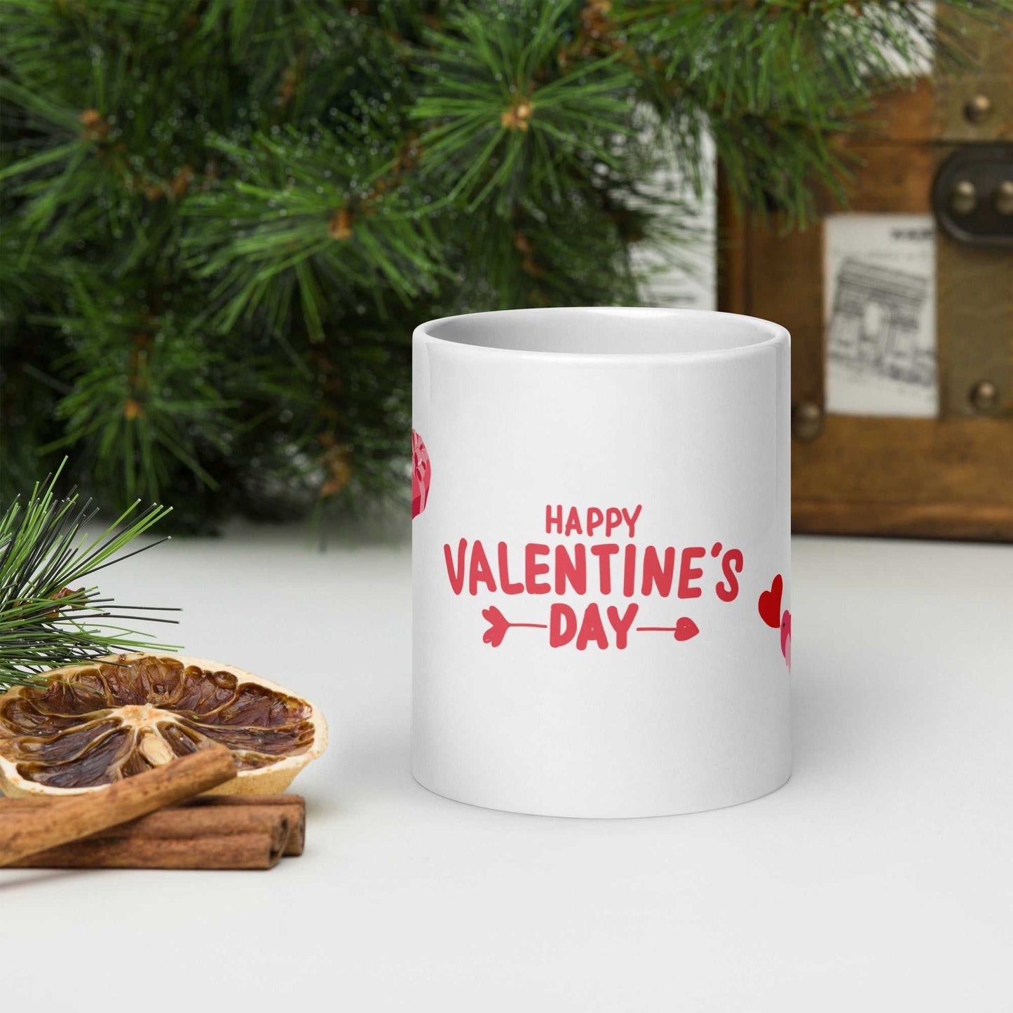 Ceramic valentine mug with festive red lettering and heart accents; great for gifting loved ones.
