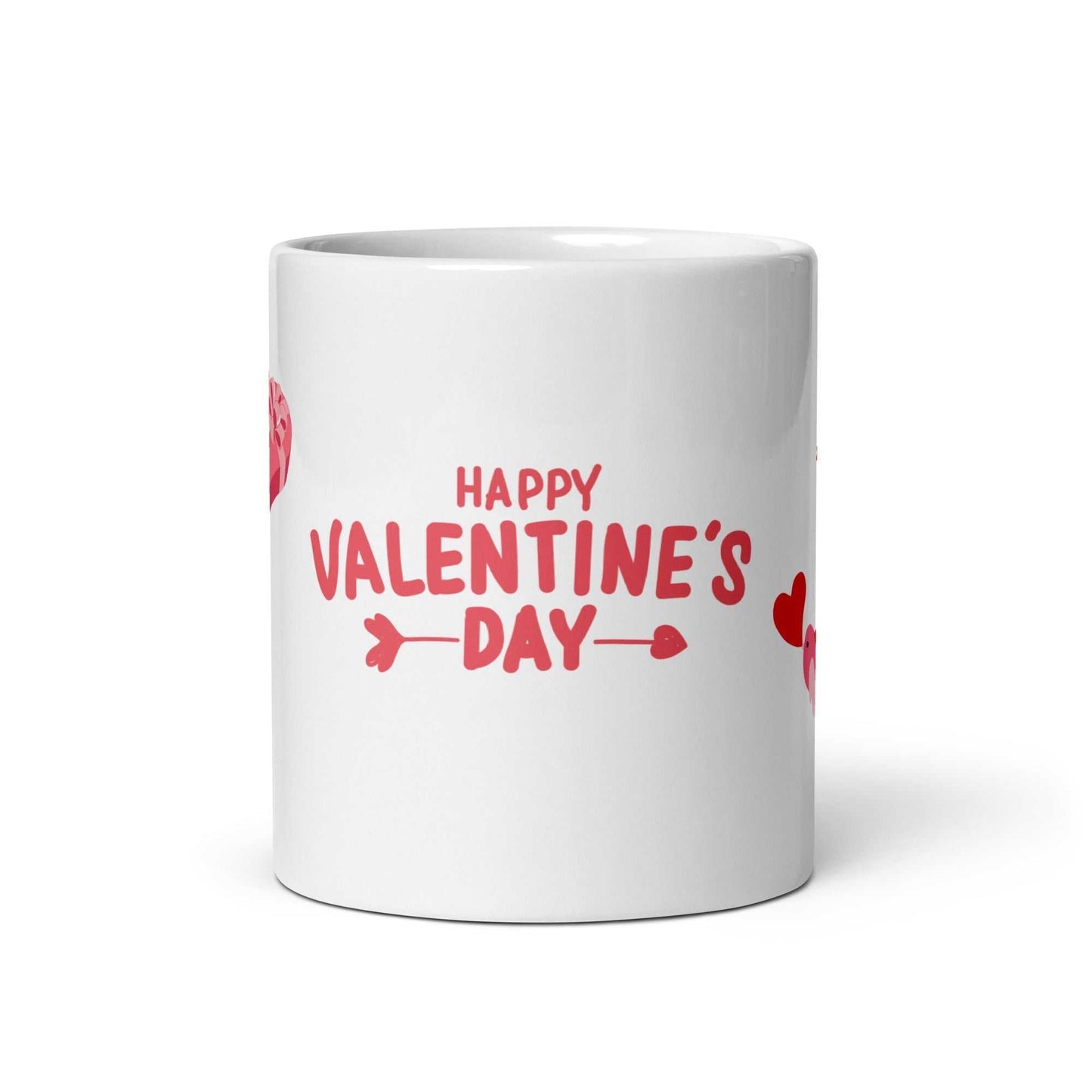 Happy Valentine's Day message in red with hearts on a white ceramic mug. Ideal valentine mug gift.