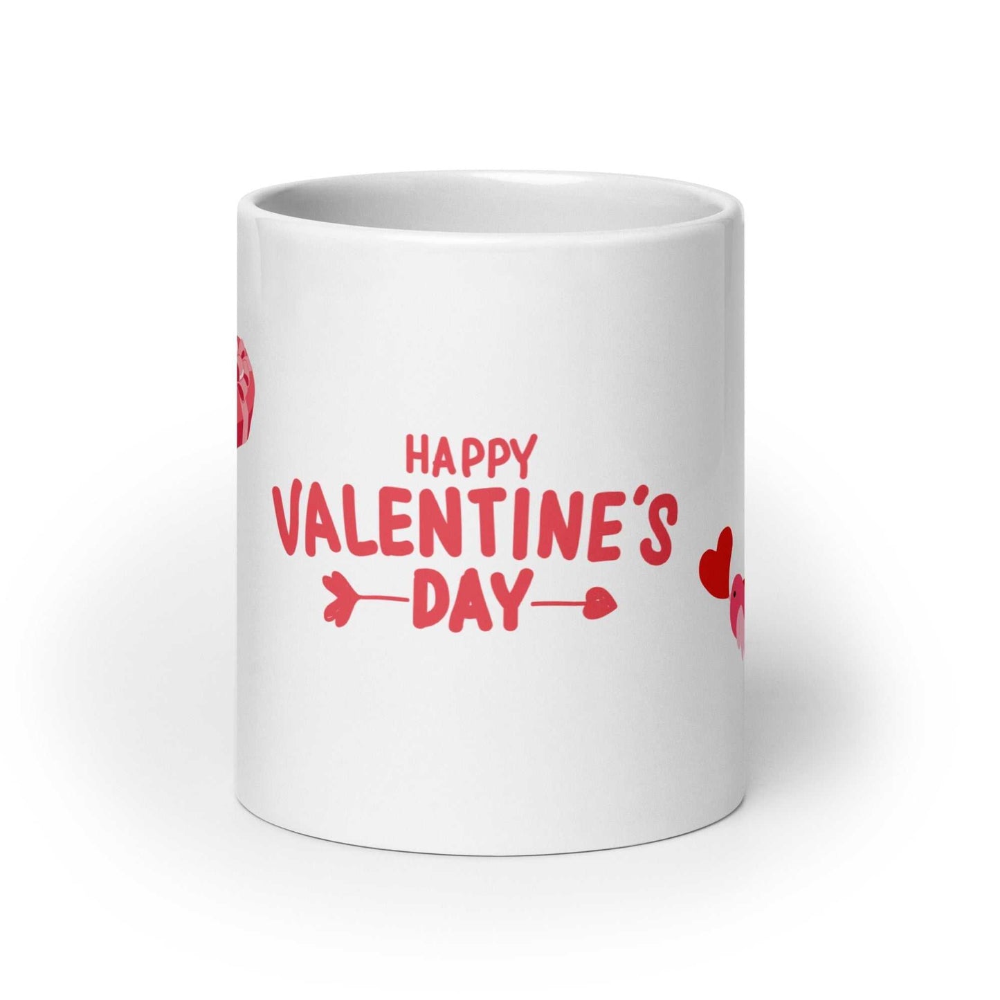 White ceramic mug with Happy Valentine's Day text and red hearts. Perfect for romantic occasions.