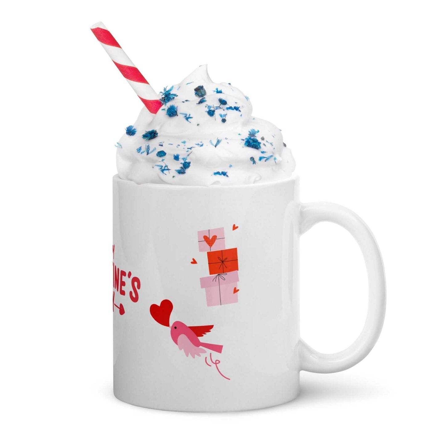 Ceramic valentine mug with little bird, hearts, and gift boxes, topped with whipped cream. Perfect for Valentine's Day beverages and gifts.