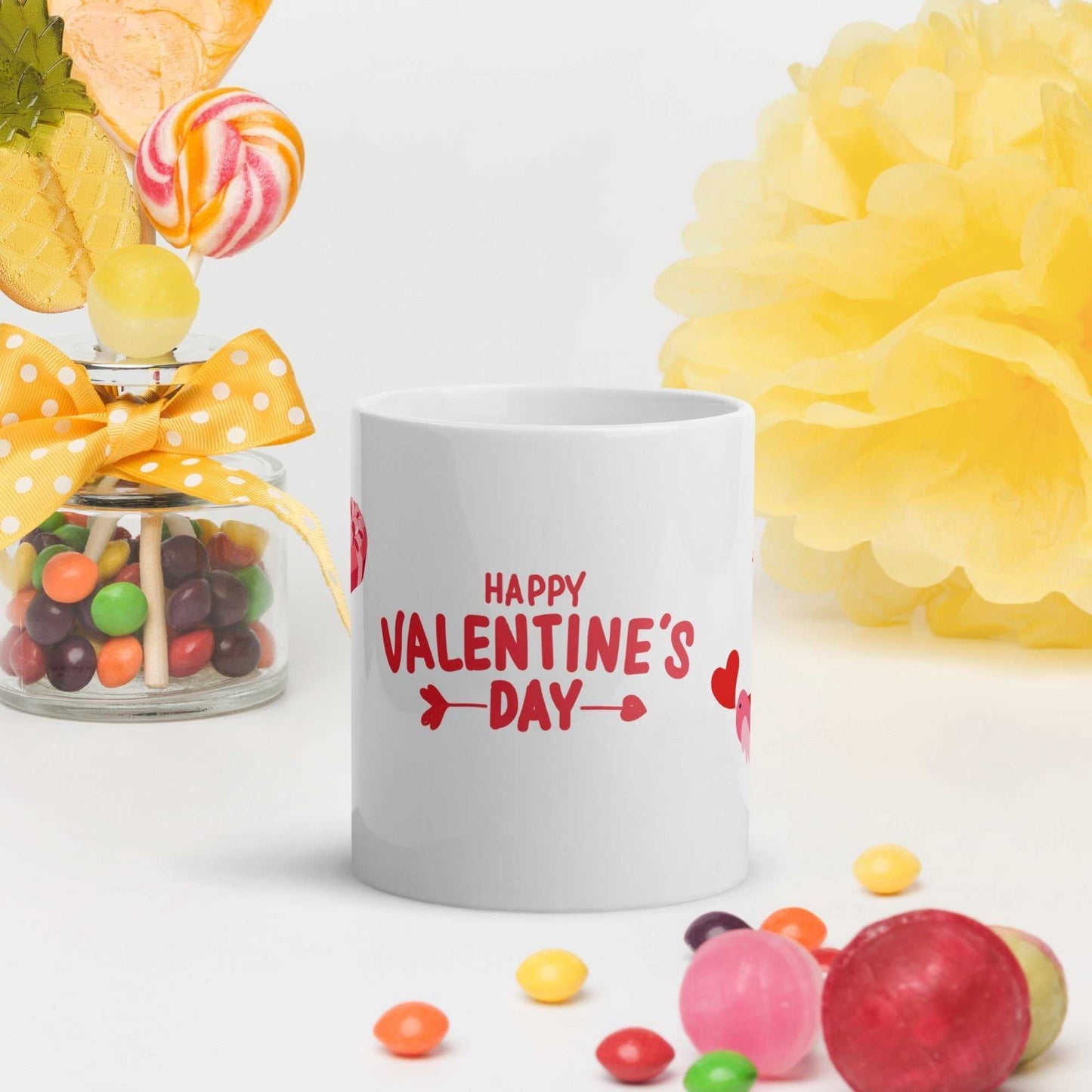 Happy Valentine's Day ceramic mug with red text and arrow design. Ideal valentine mug gift for loved ones, microwave and dishwasher safe.