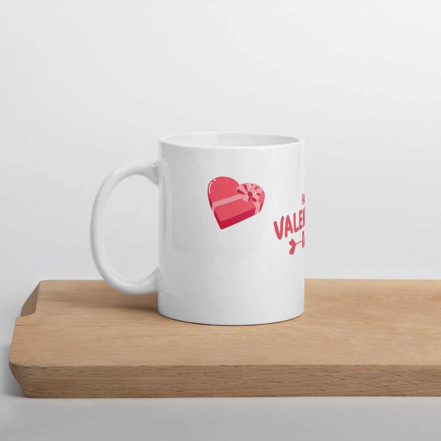 Valentine mug with heart gift box design placed on a wooden tray. Great for kitchen and dining decor.