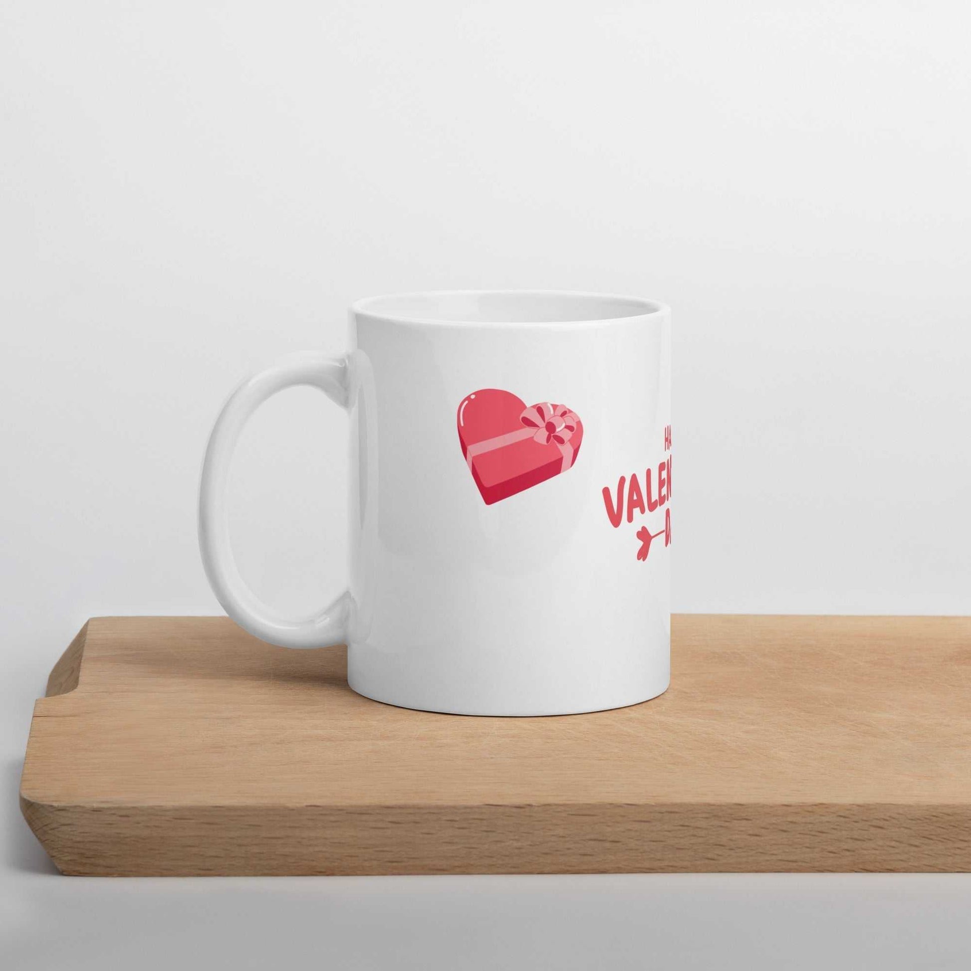 Valentine mug with heart gift box design placed on a wooden tray. Great for kitchen and dining decor.
