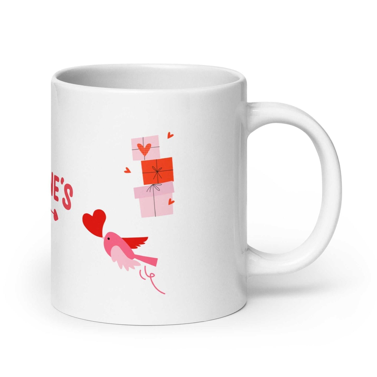 Valentine mug gift with little bird, hearts, and gift boxes in pink and red on white ceramic. Dishwasher safe and perfect for Valentine's Day.