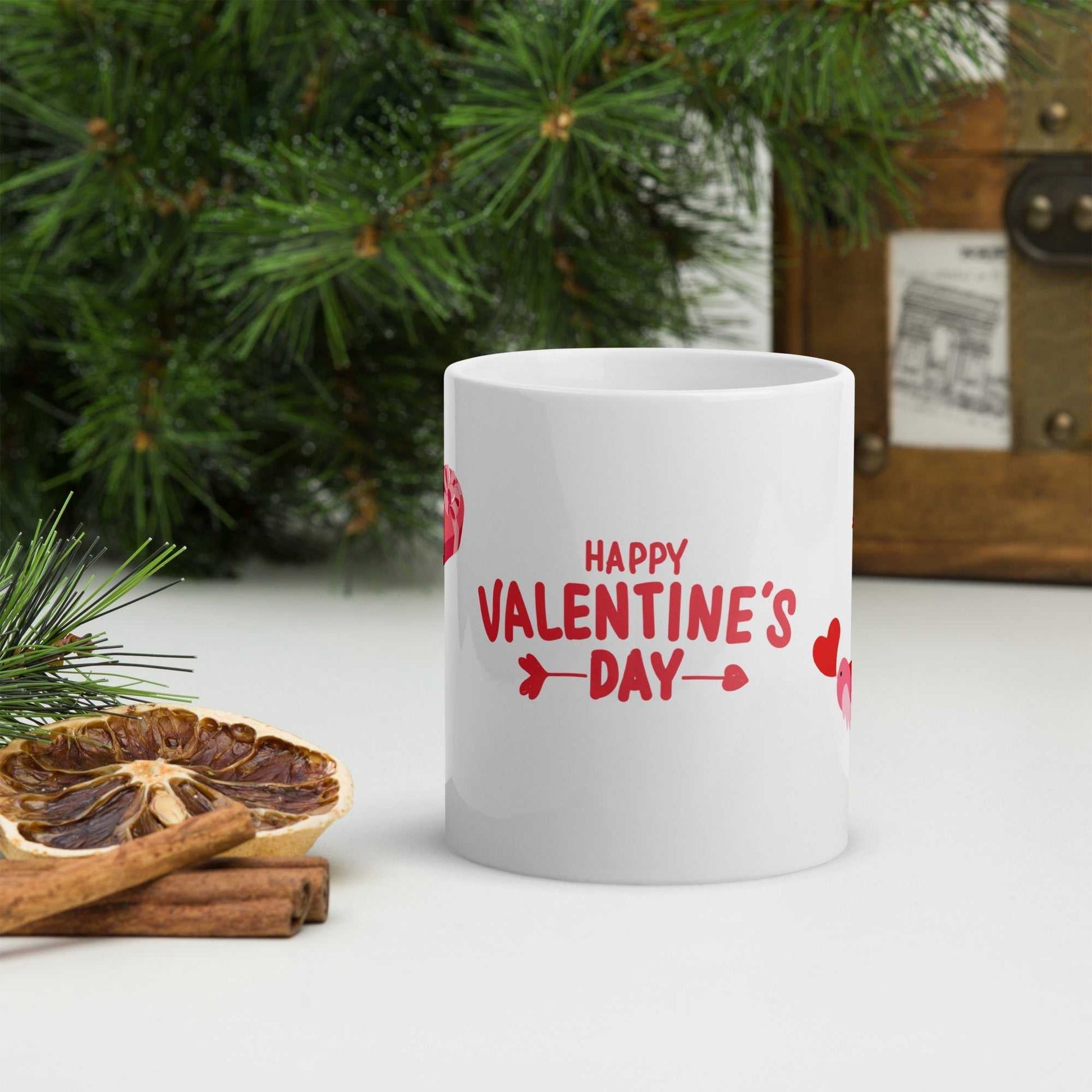 Happy Valentine's Day ceramic mug with red text and arrow design; ideal for gifting and daily use.