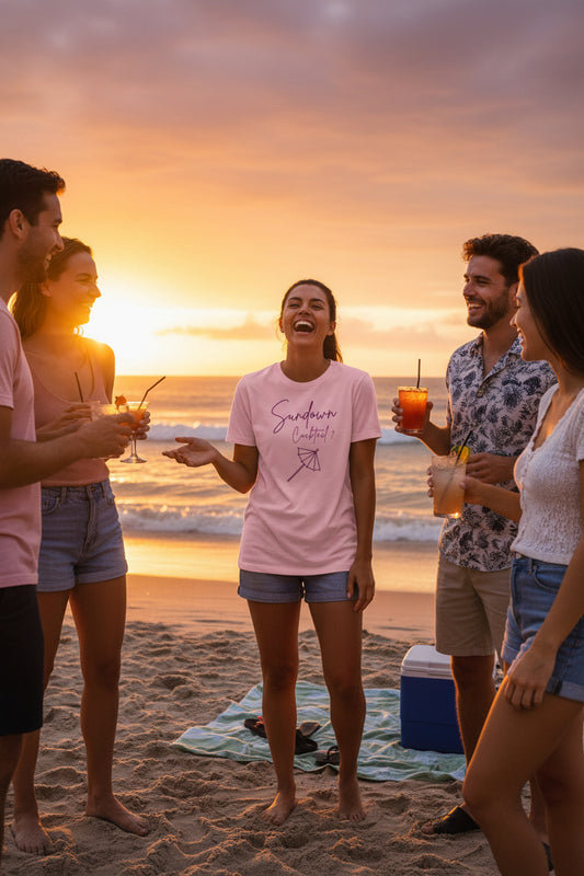 Pink t-shirt with 'Sundown Cocktail?' text and umbrella graphic on a white background