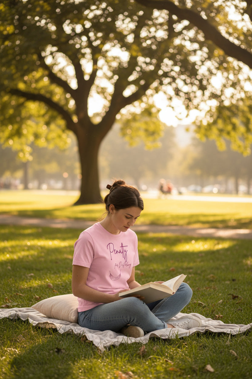 woman wereing a t-shirt with text penalty for disturbing