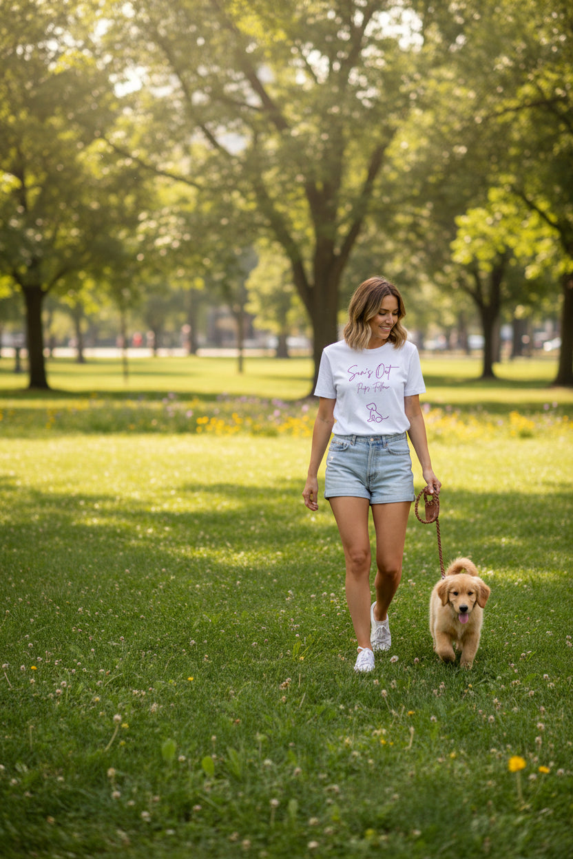 Woman wearing a white Tshirt with Suns’s Out-Pups Folow