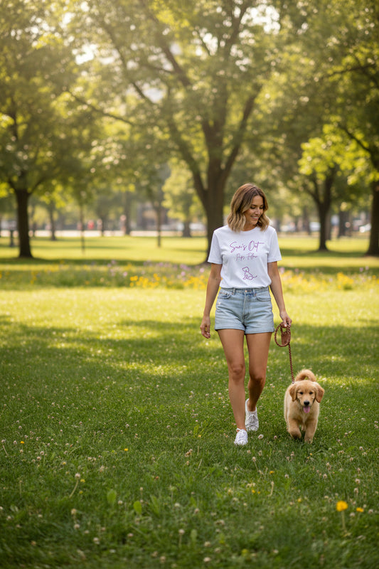 Woman wearing a white Tshirt with Suns’s Out-Pups Folow