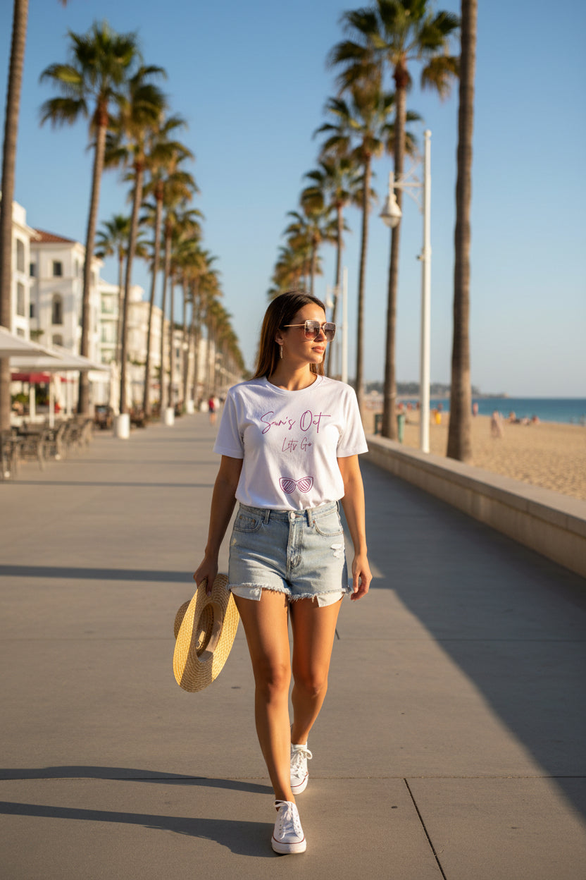White t-shirt with pink sunglasses and text design on a white background