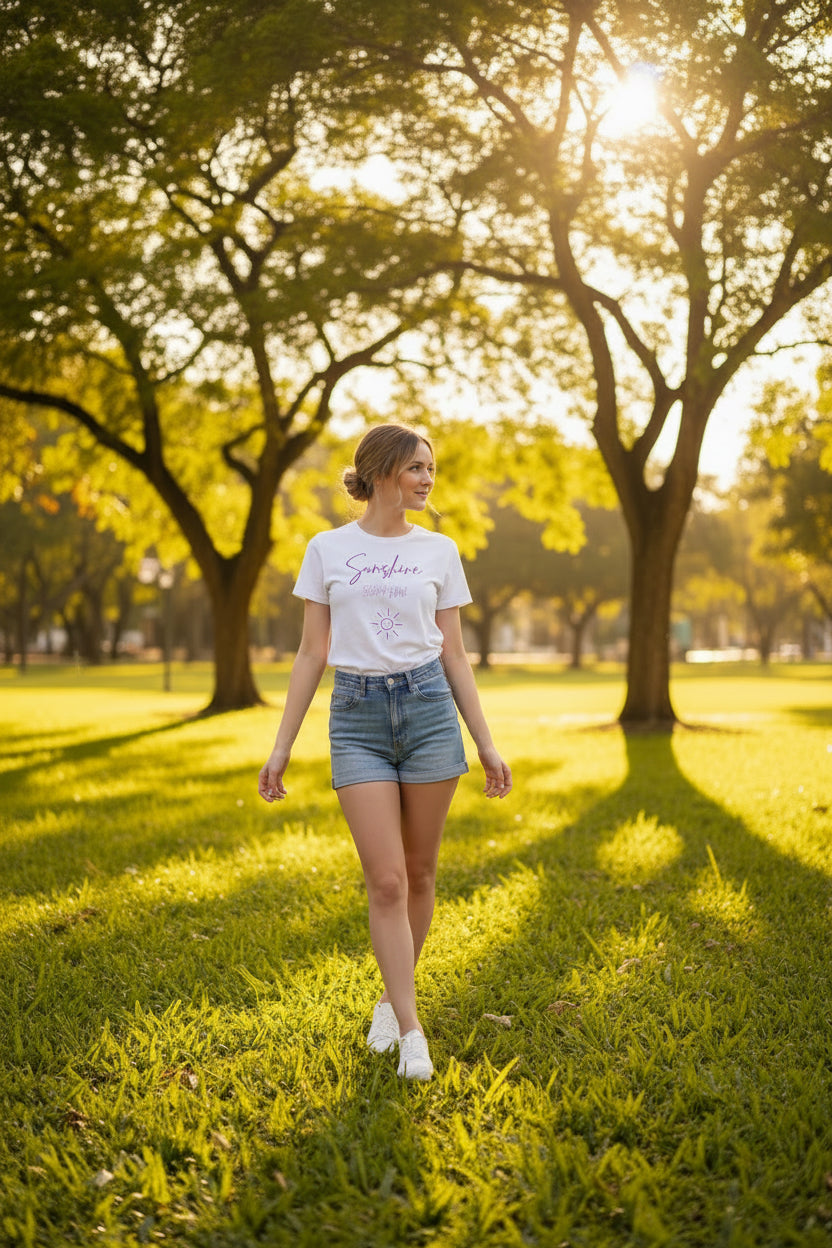 Woman standing by a poolside with palm trees and a building in the background