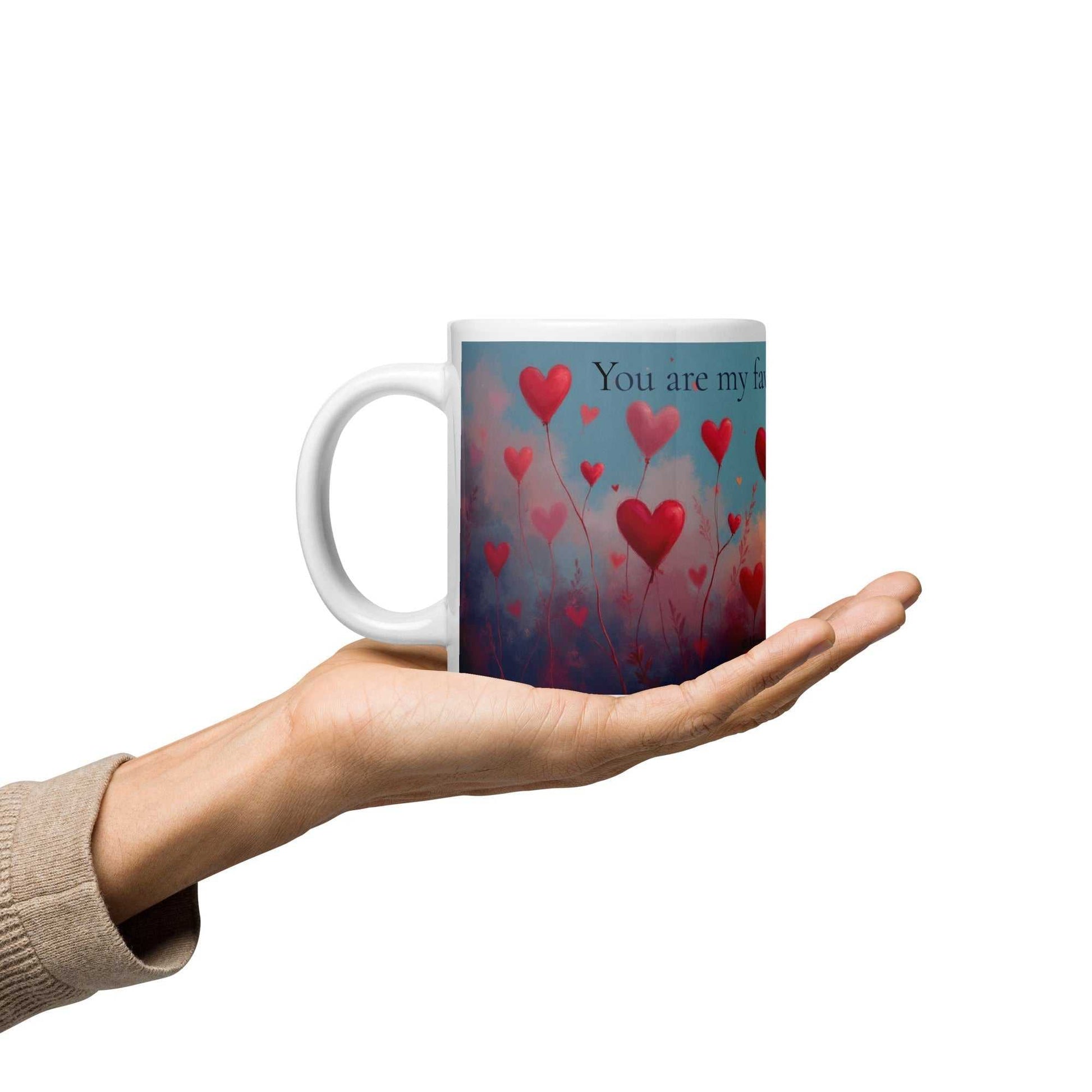 20oz You are my favourite Valentine mug gift held in hand, showcasing romantic red heart artwork perfect for Valentine's Day gifting.